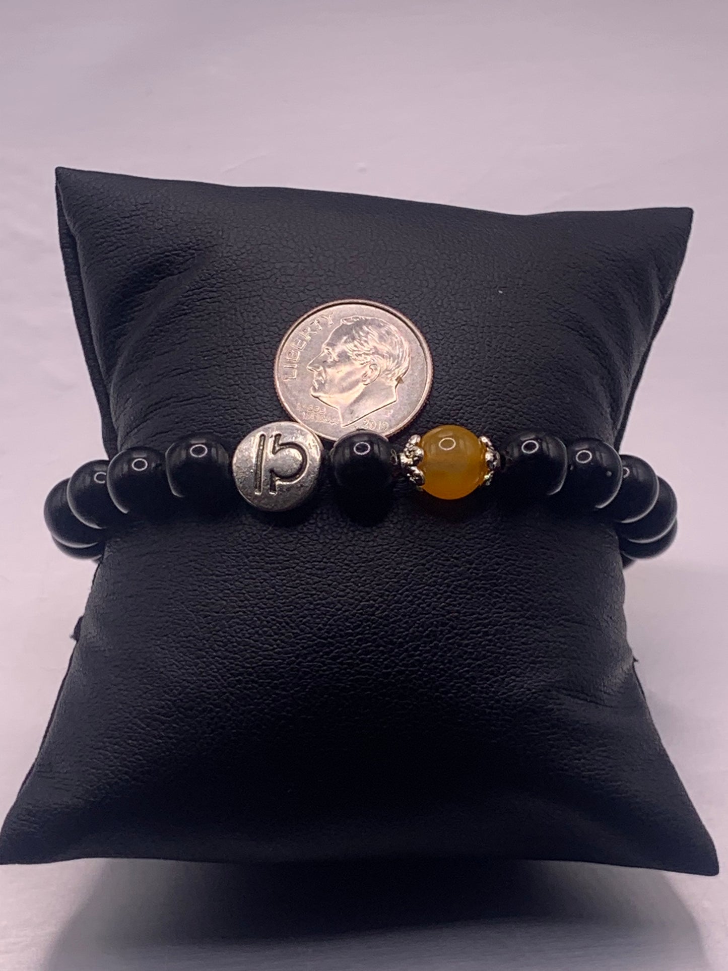 Libra Zodiac black obsidian with orange agate elastic beaded bracelet with silver accents