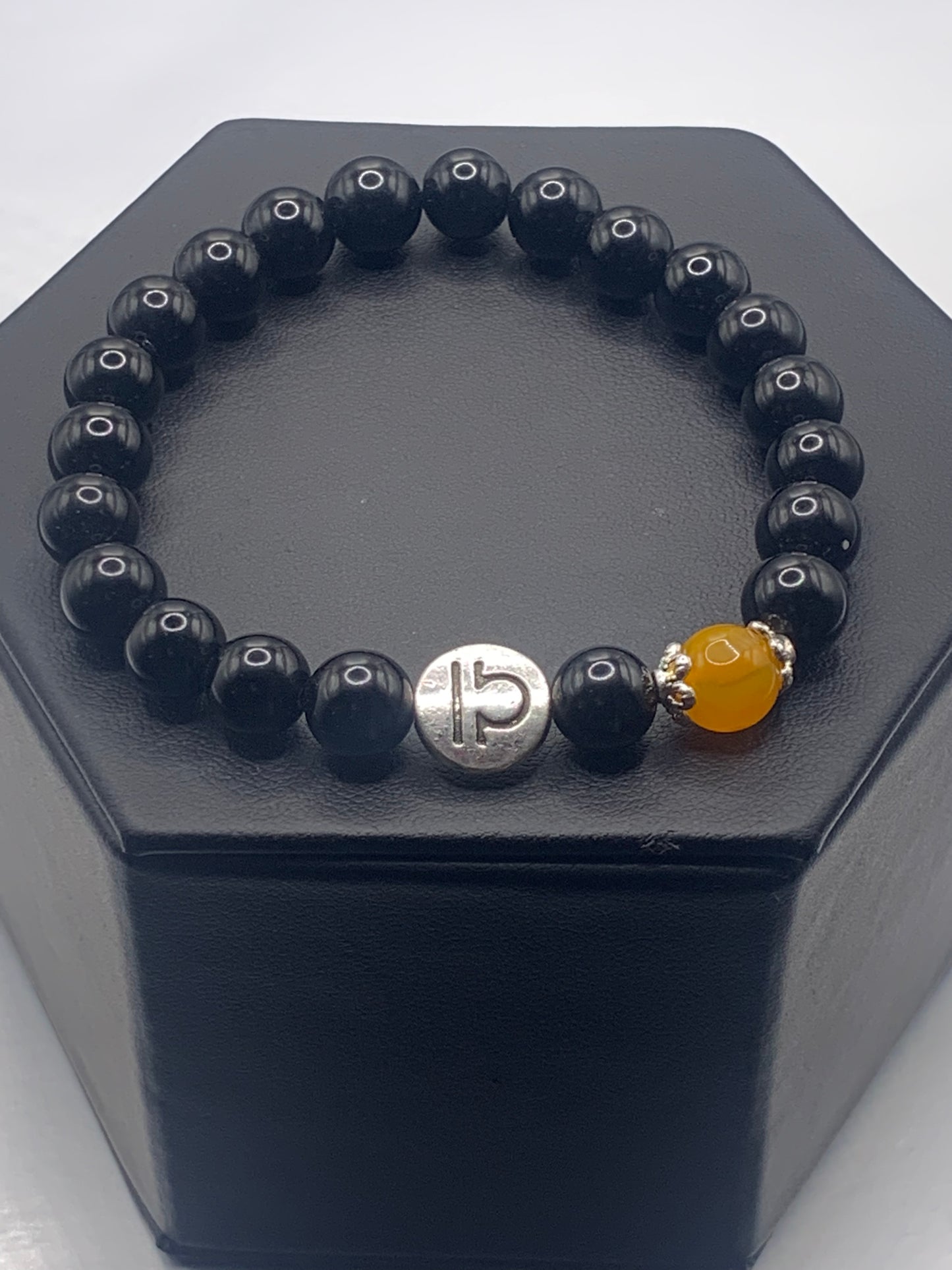 Libra Zodiac black obsidian with orange agate elastic beaded bracelet with silver accents