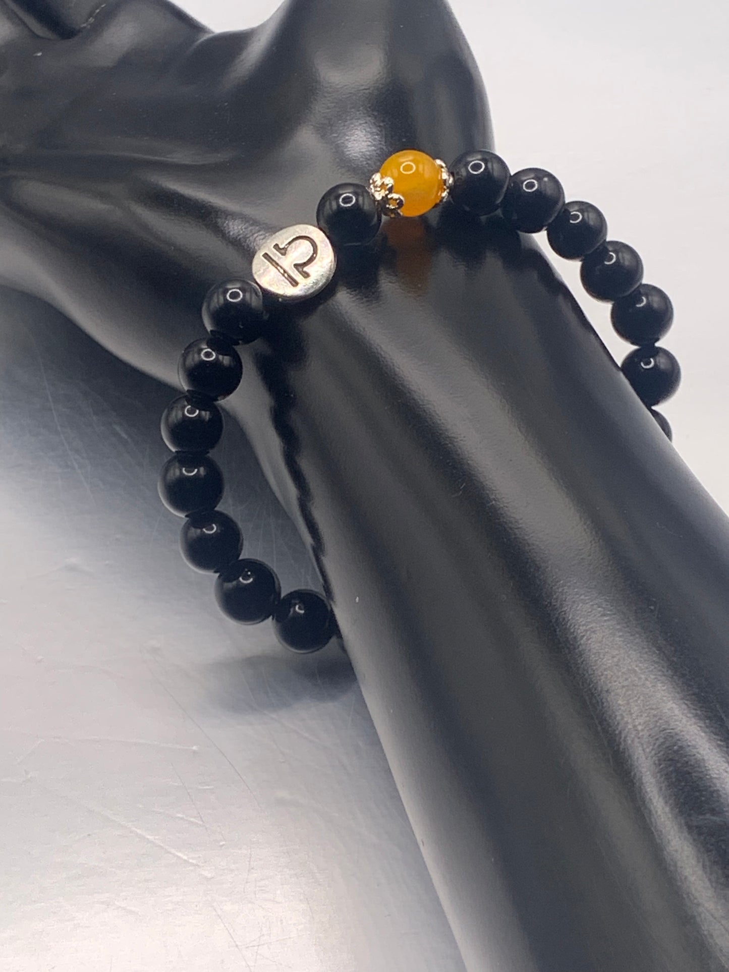 Libra Zodiac black obsidian with orange agate elastic beaded bracelet with silver accents