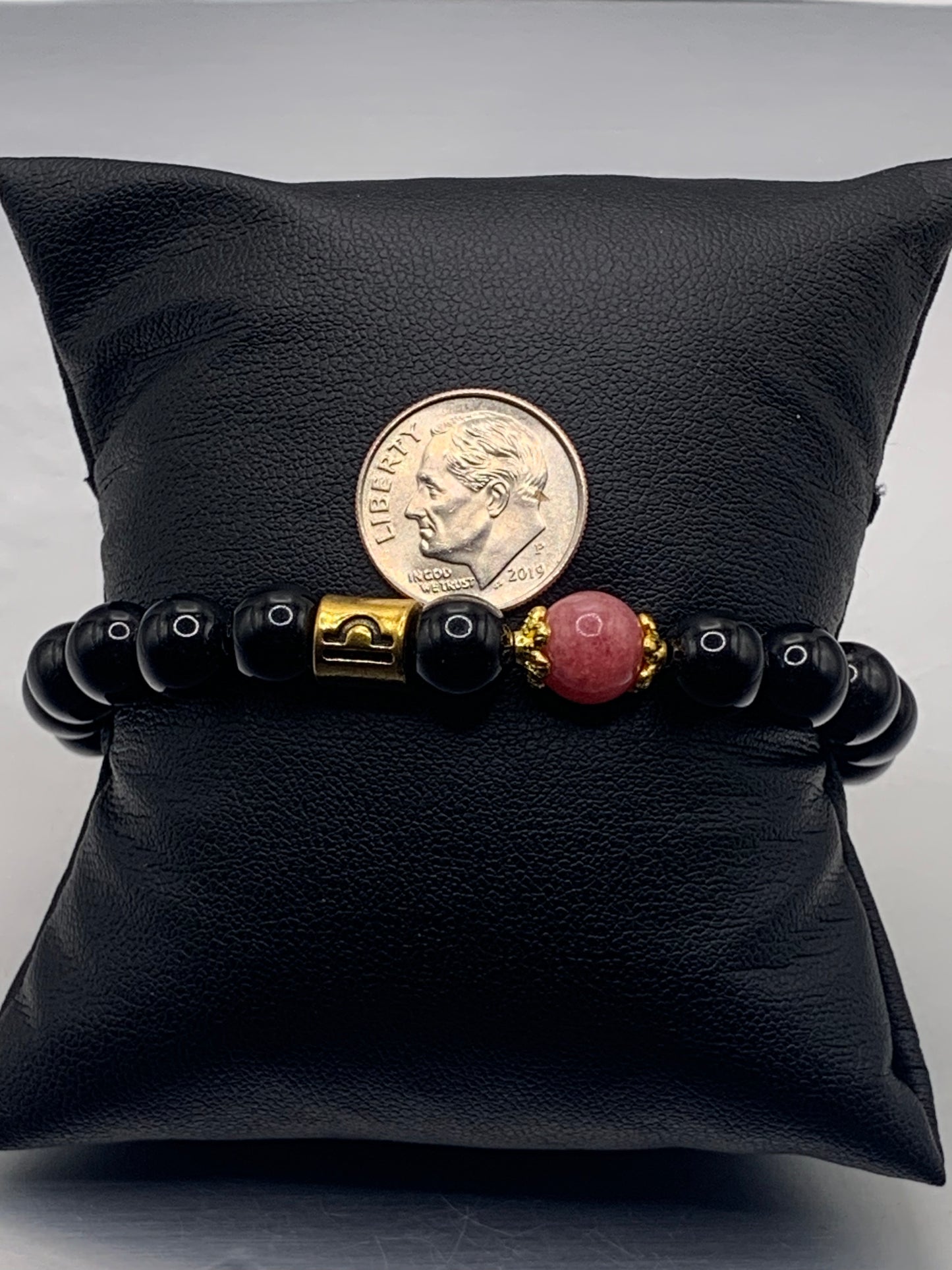 Libra Zodiac black obsidian with pink chalcedony elastic beaded bracelet with gold accents