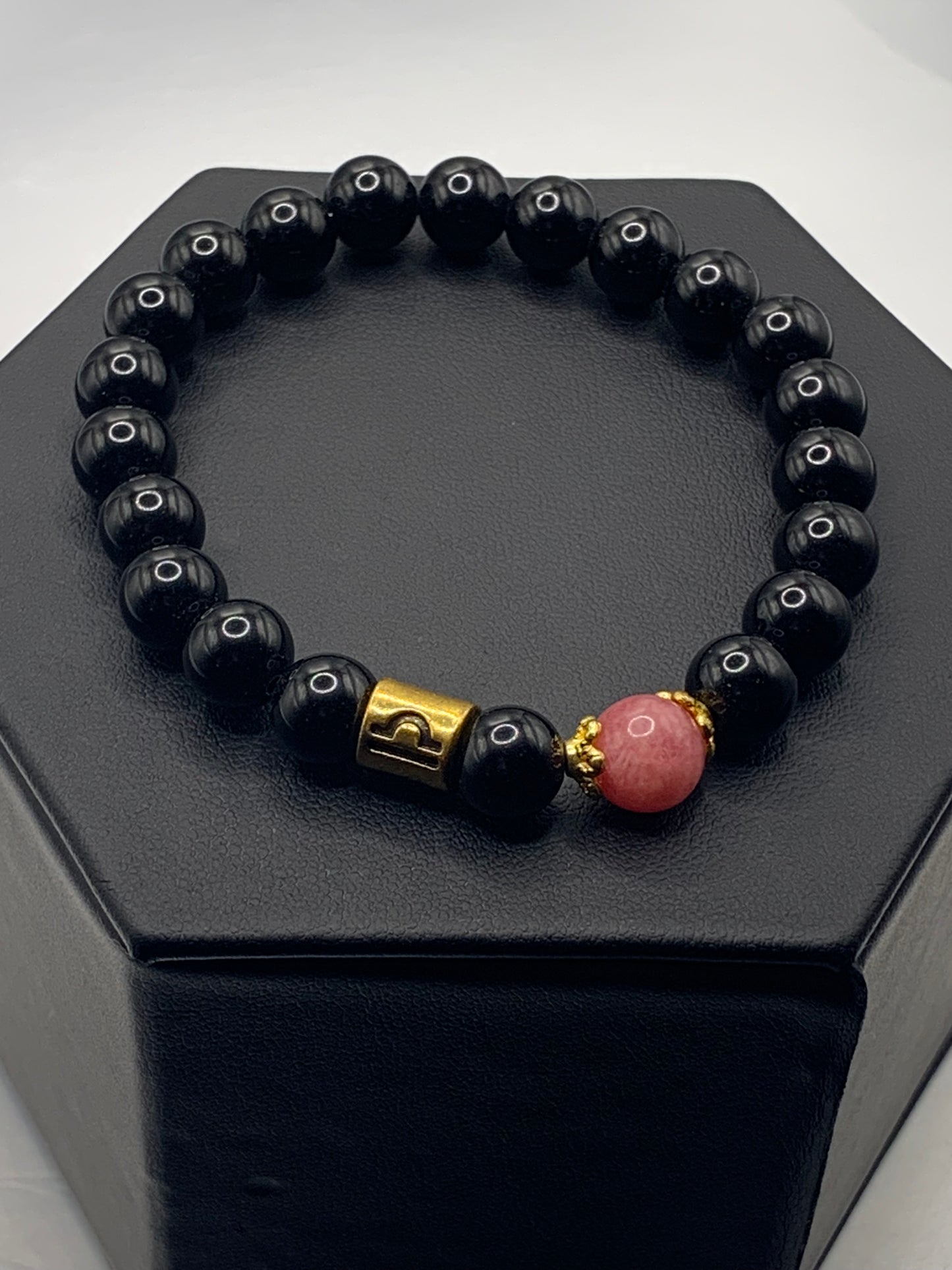 Libra Zodiac black obsidian with pink chalcedony elastic beaded bracelet with gold accents