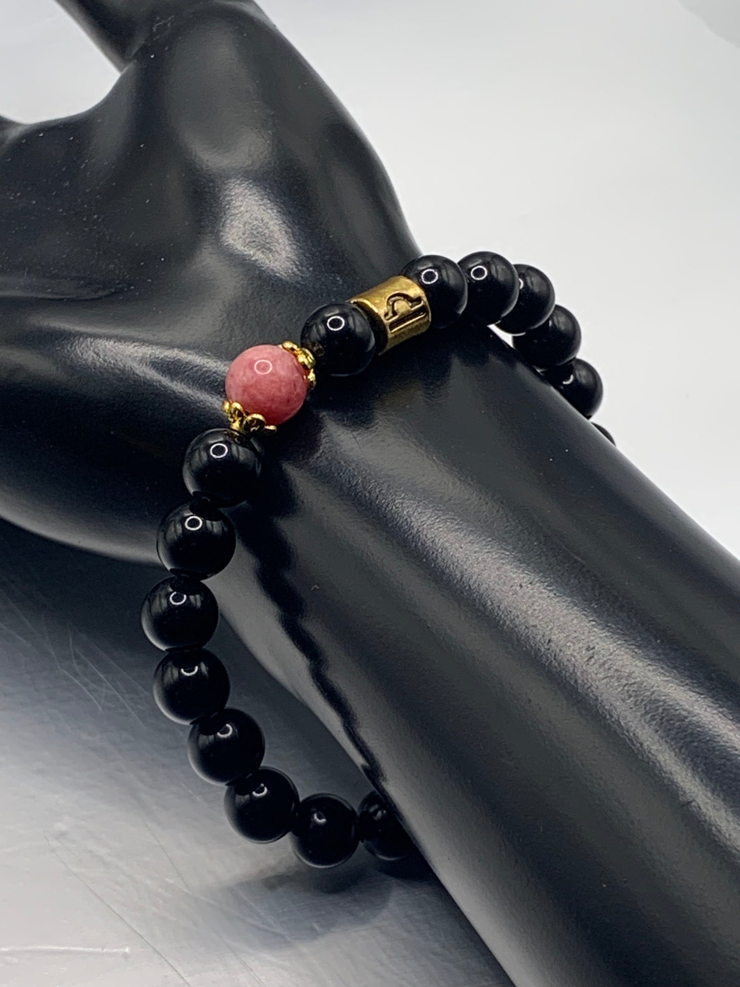 Libra Zodiac black obsidian with pink chalcedony elastic beaded bracelet with gold accents