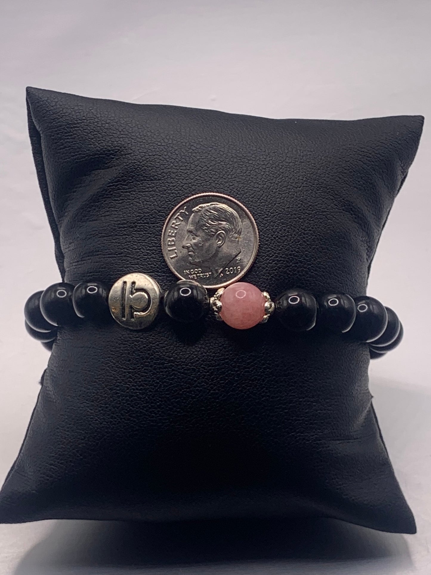Libra Zodiac black obsidian with pink chalcedony elastic beaded bracelet with silver accents
