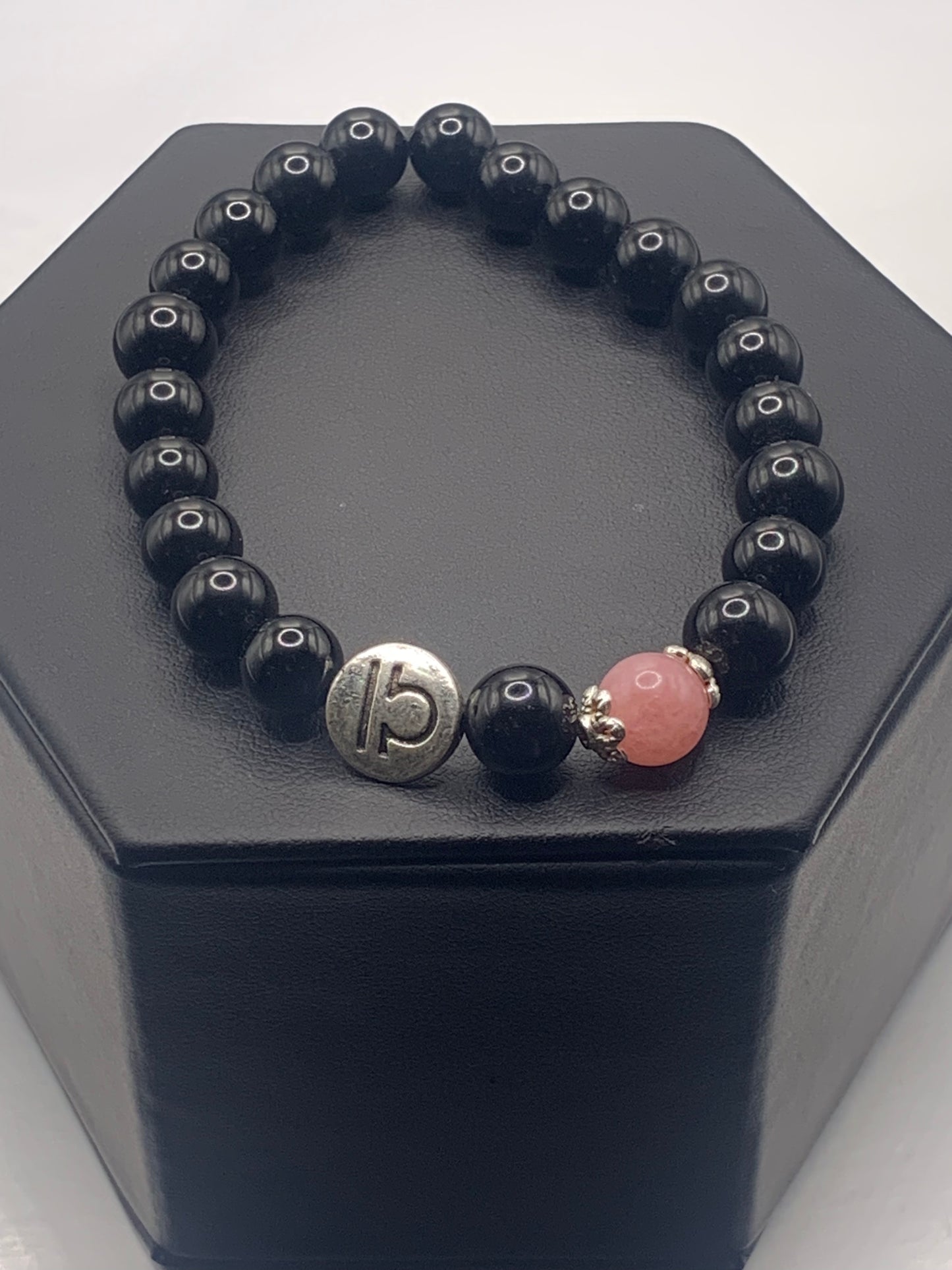 Libra Zodiac black obsidian with pink chalcedony elastic beaded bracelet with silver accents