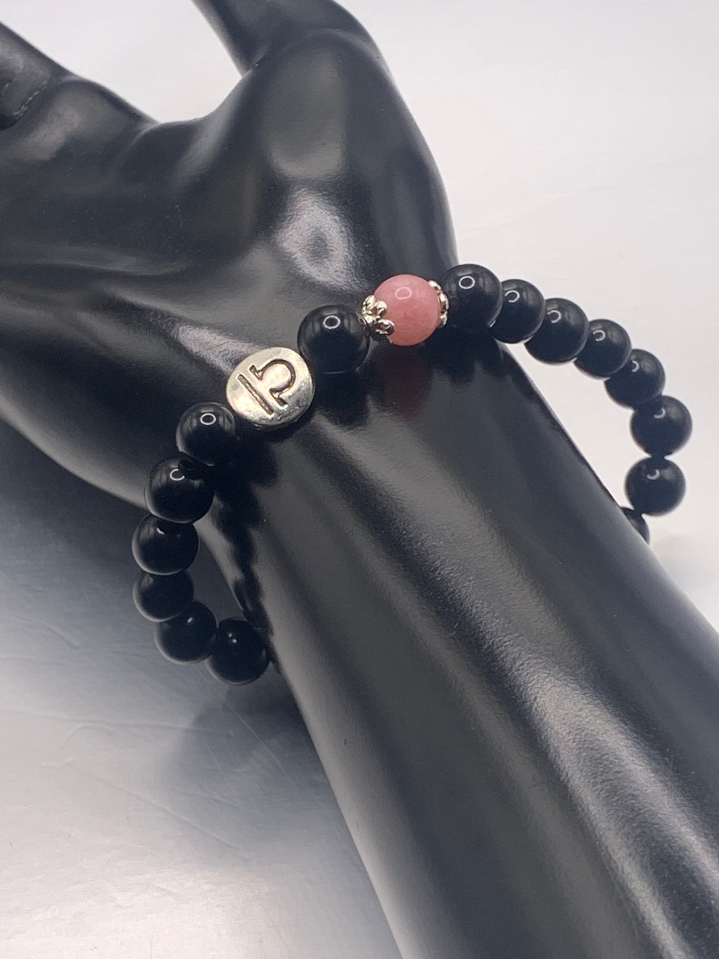 Libra Zodiac black obsidian with pink chalcedony elastic beaded bracelet with silver accents