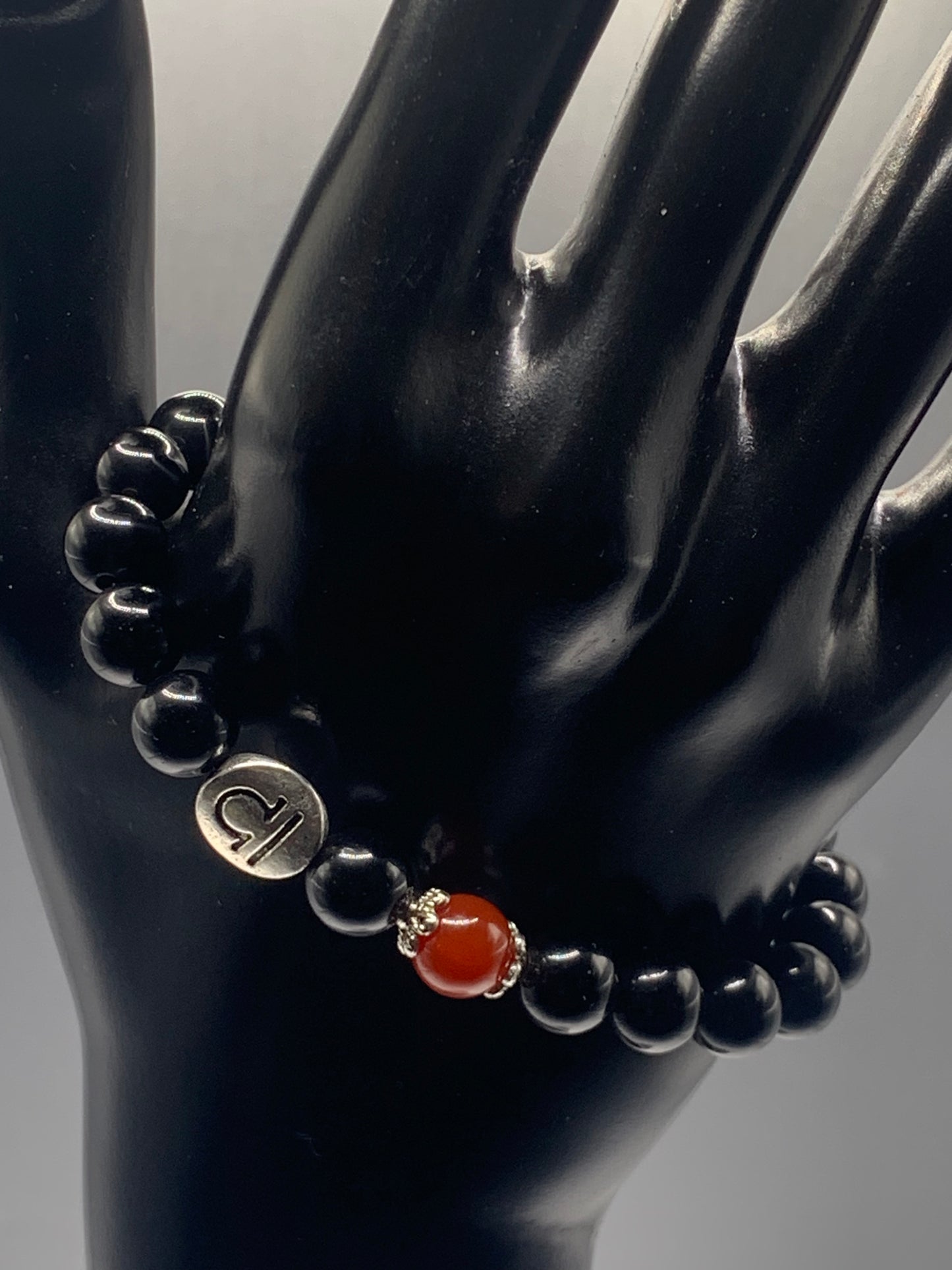 Libra Zodiac black obsidian with red agate elastic beaded bracelet with silver accents