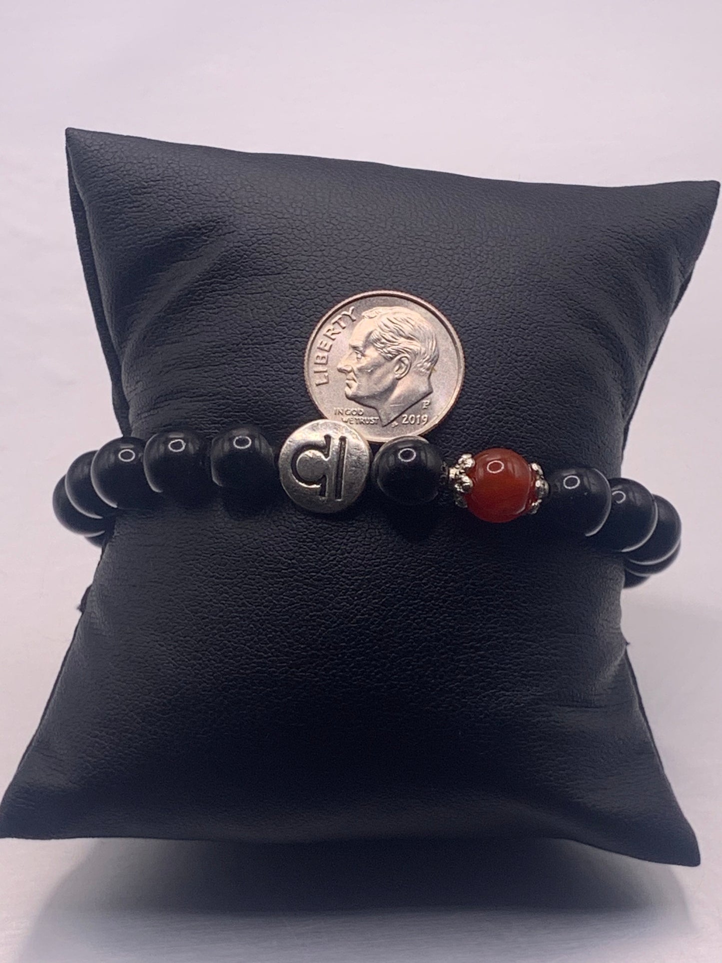 Libra Zodiac black obsidian with red agate elastic beaded bracelet with silver accents