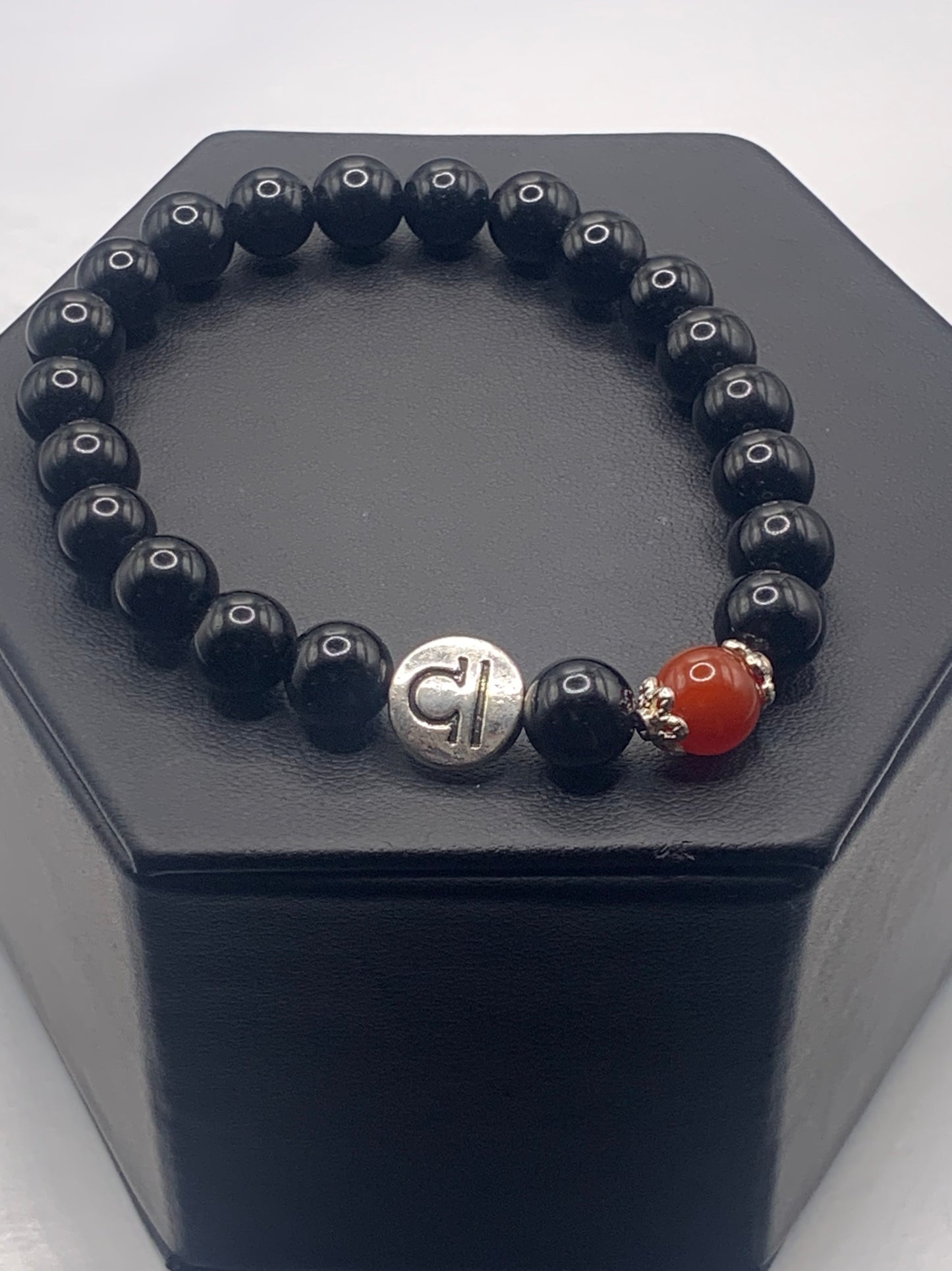 Libra Zodiac black obsidian with red agate elastic beaded bracelet with silver accents