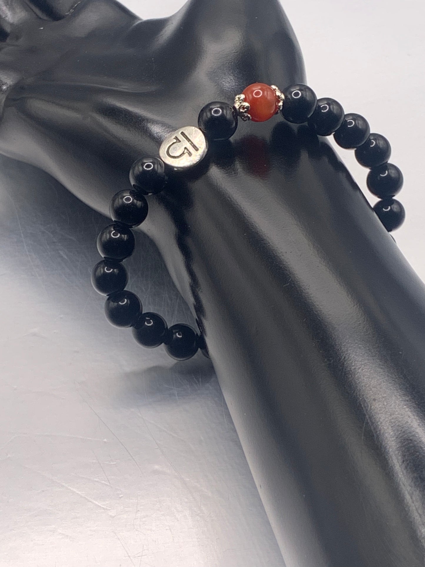 Libra Zodiac black obsidian with red agate elastic beaded bracelet with silver accents