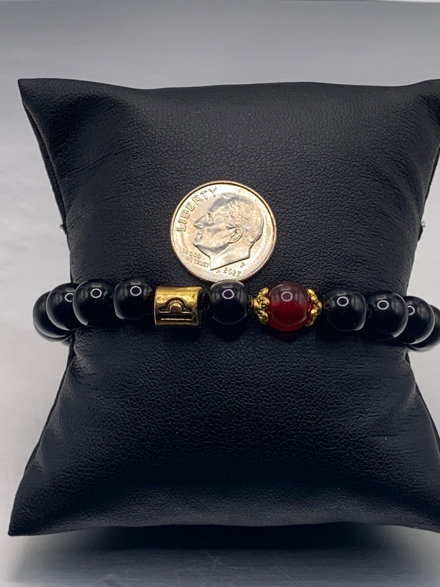 Libra Zodiac black obsidian with red chalcedony elastic beaded bracelet with gold accents