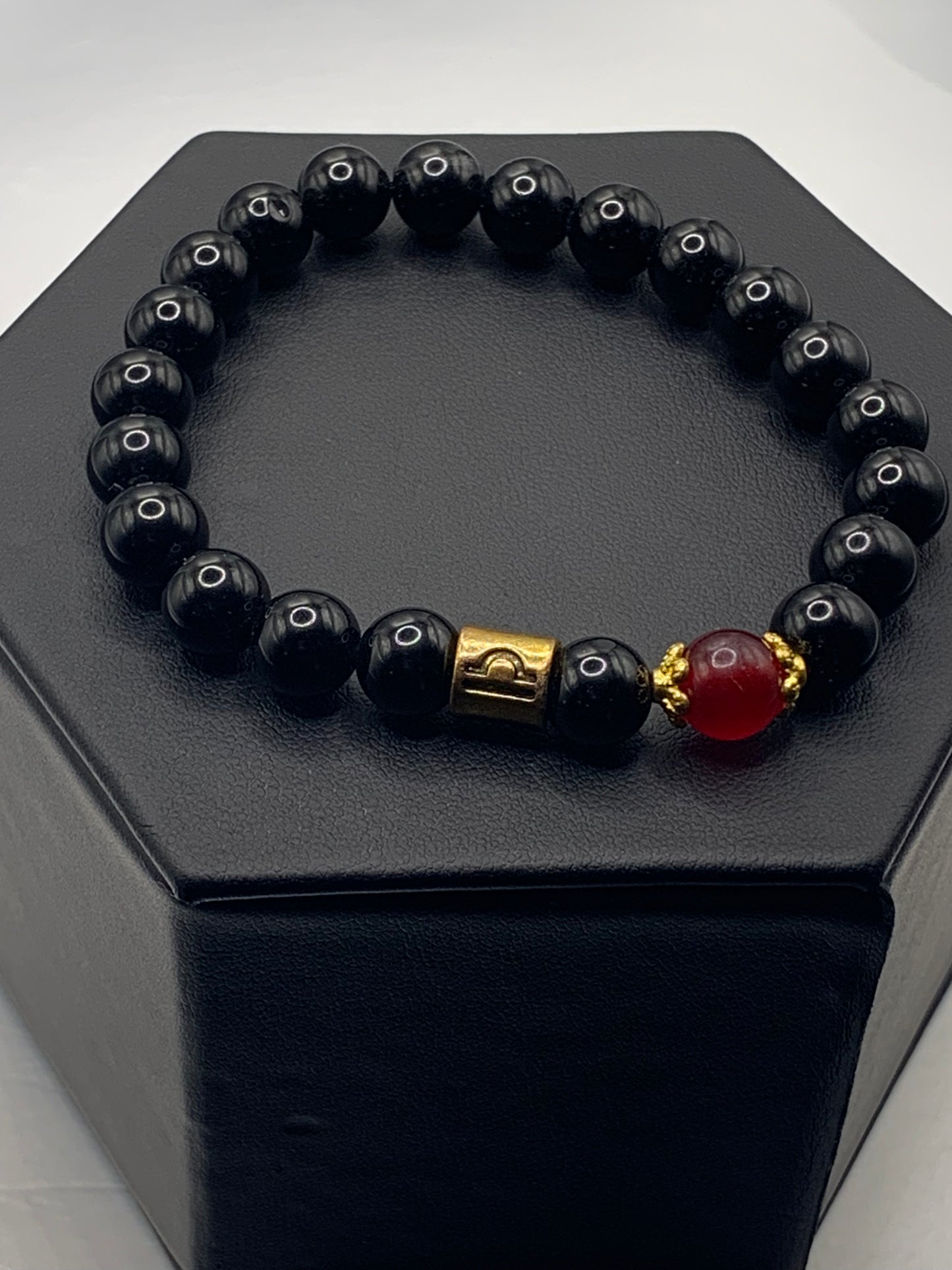 Libra Zodiac black obsidian with red chalcedony elastic beaded bracelet with gold accents