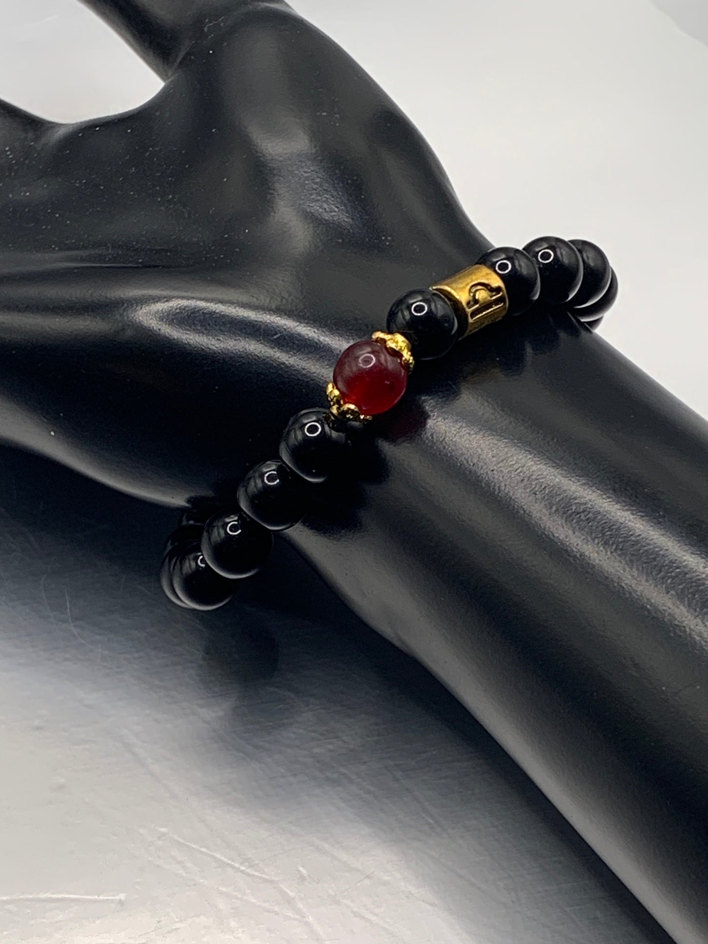 Libra Zodiac black obsidian with red chalcedony elastic beaded bracelet with gold accents