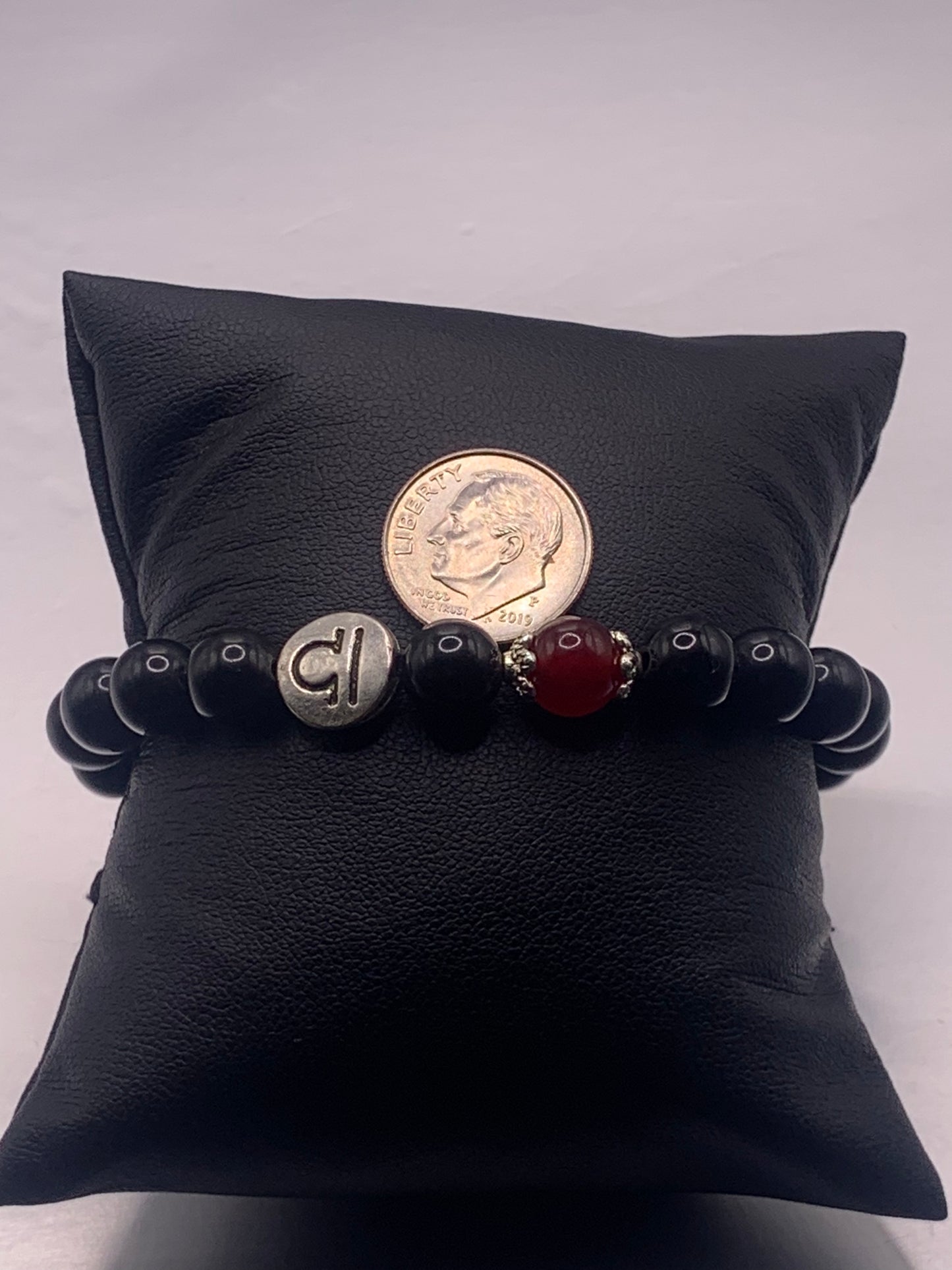 Libra Zodiac black obsidian with red chalcedony elastic beaded bracelet with silver accents