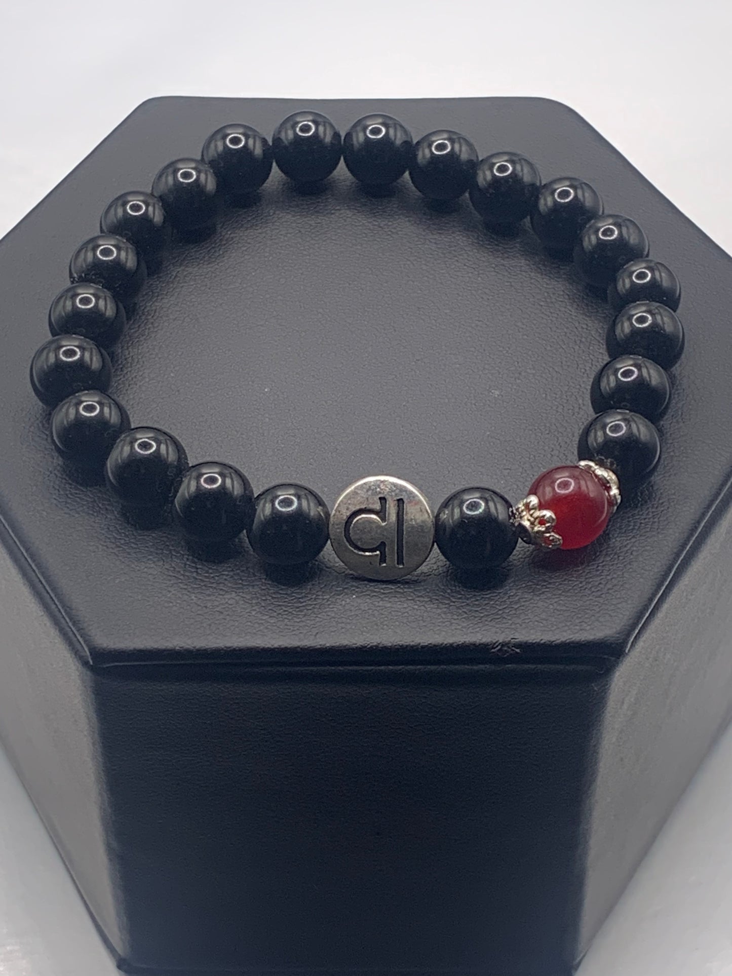 Libra Zodiac black obsidian with red chalcedony elastic beaded bracelet with silver accents