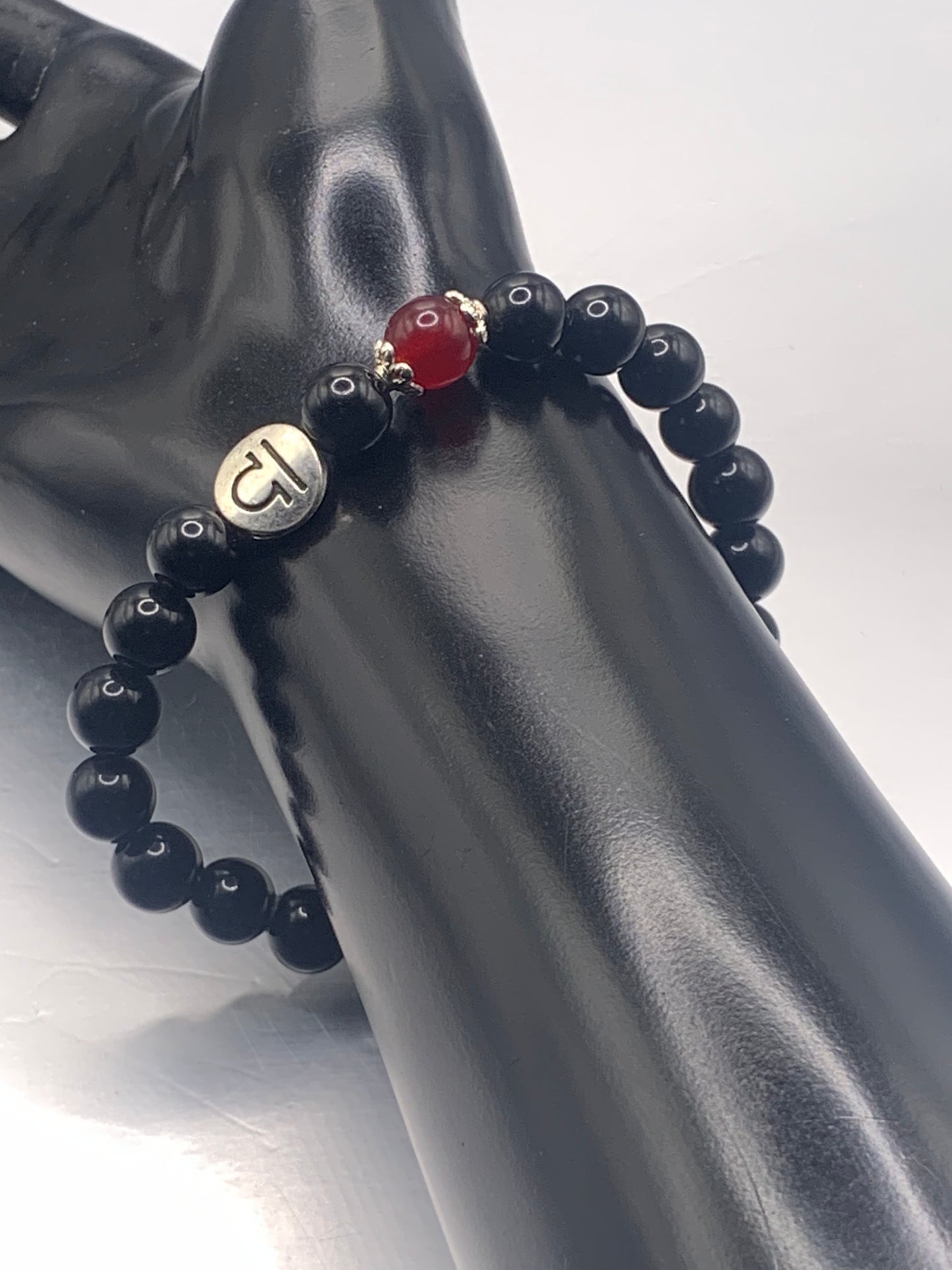 Libra Zodiac black obsidian with red chalcedony elastic beaded bracelet with silver accents