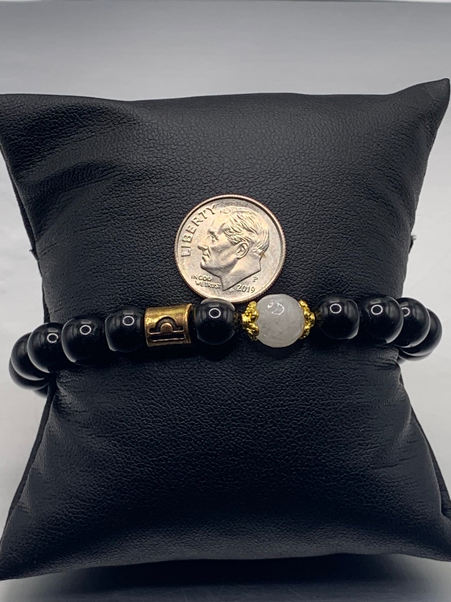 Libra Zodiac black obsidian with white chalcedony elastic beaded bracelet with gold accents