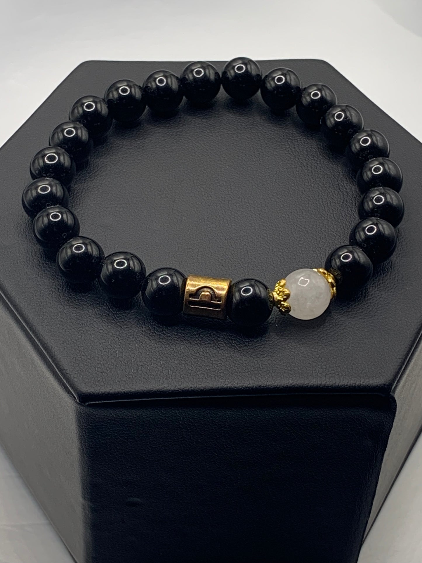 Libra Zodiac black obsidian with white chalcedony elastic beaded bracelet with gold accents