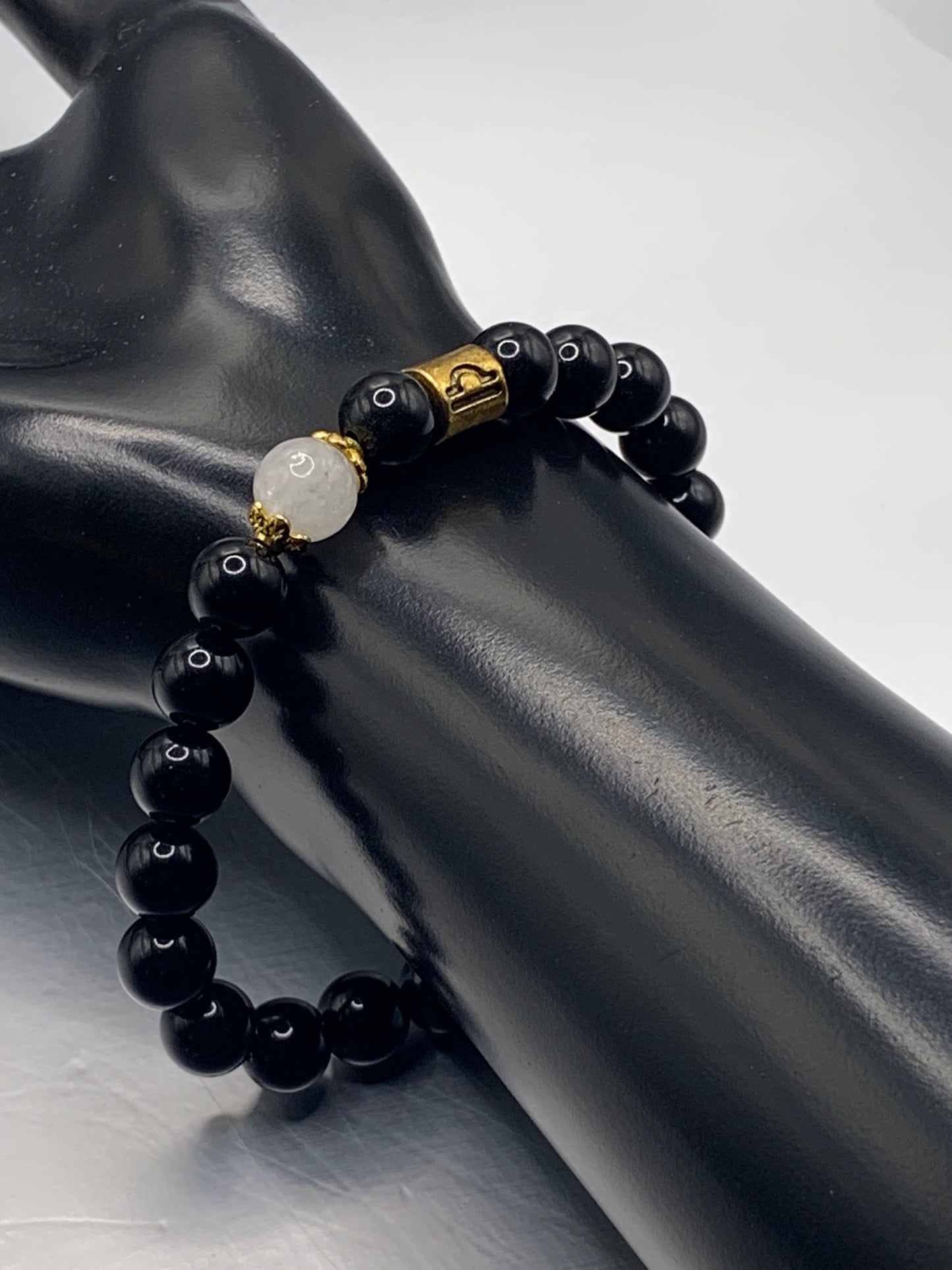 Libra Zodiac black obsidian with white chalcedony elastic beaded bracelet with gold accents