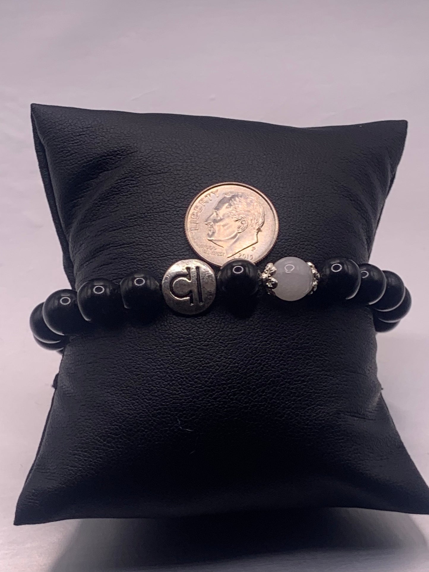 Libra Zodiac black obsidian with white chalcedony elastic beaded bracelet with silver accents
