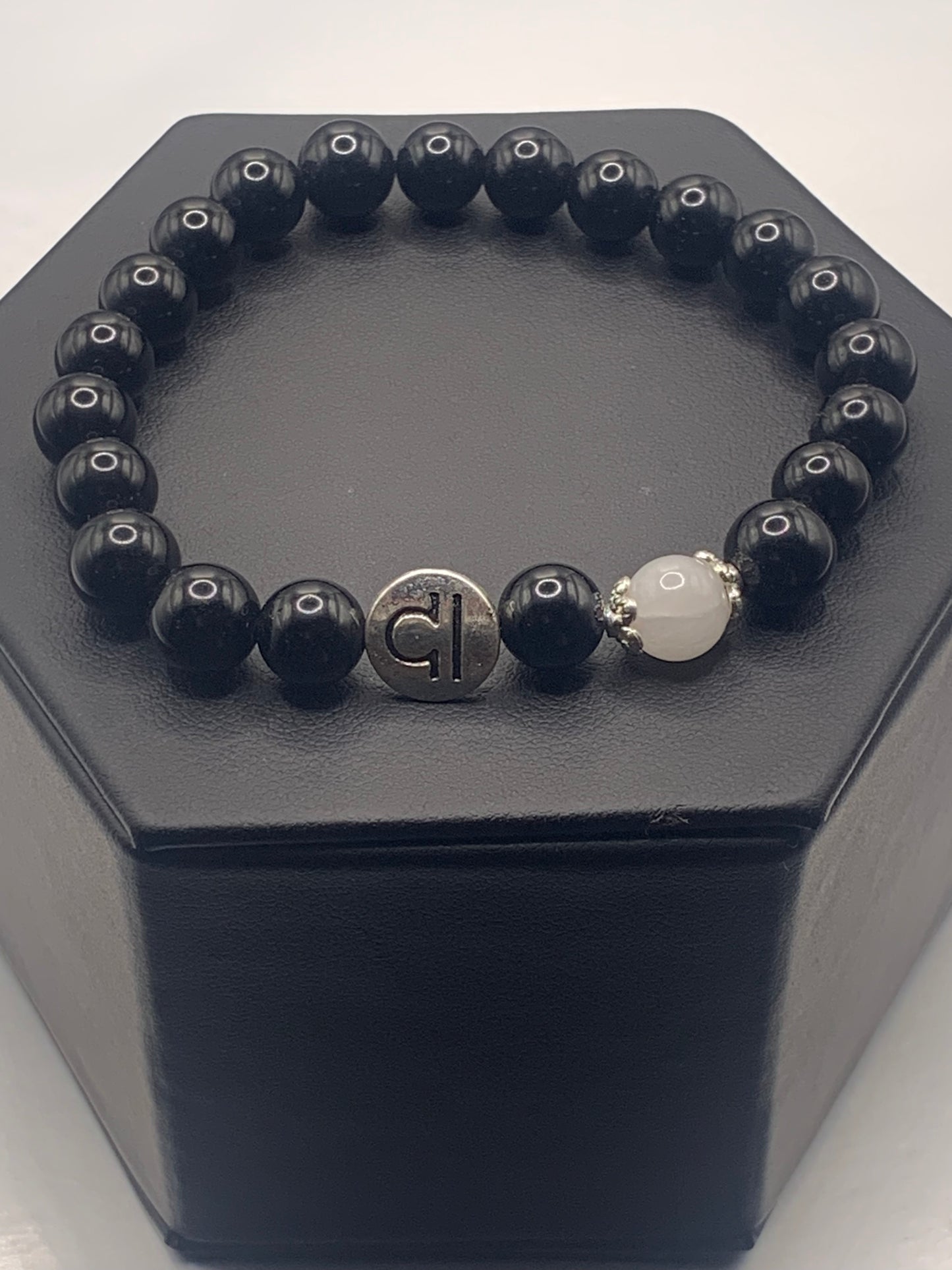 Libra Zodiac black obsidian with white chalcedony elastic beaded bracelet with silver accents