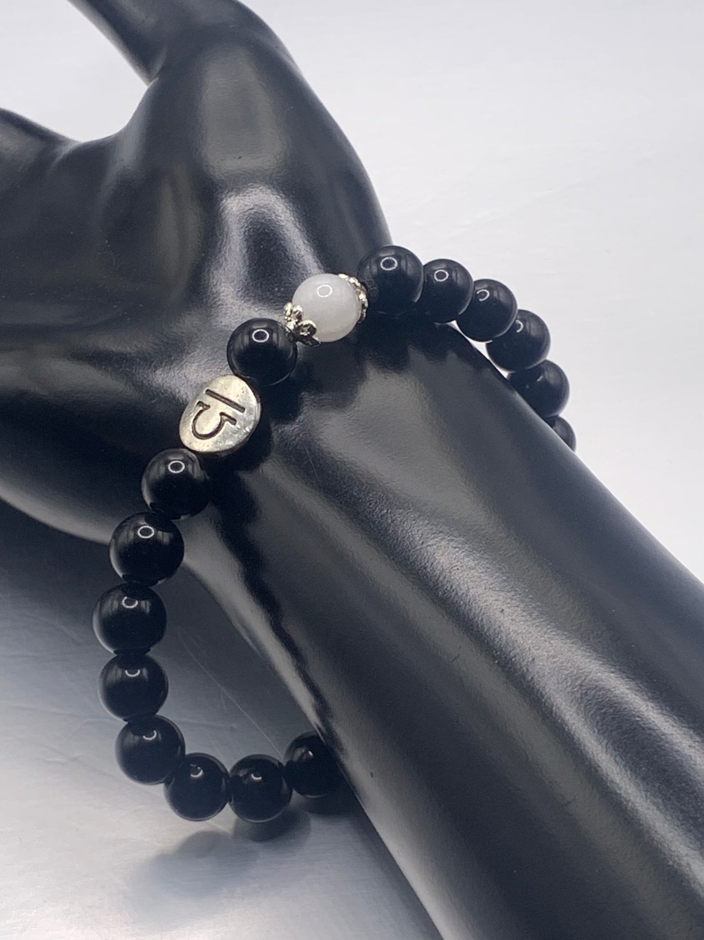 Libra Zodiac black obsidian with white chalcedony elastic beaded bracelet with silver accents