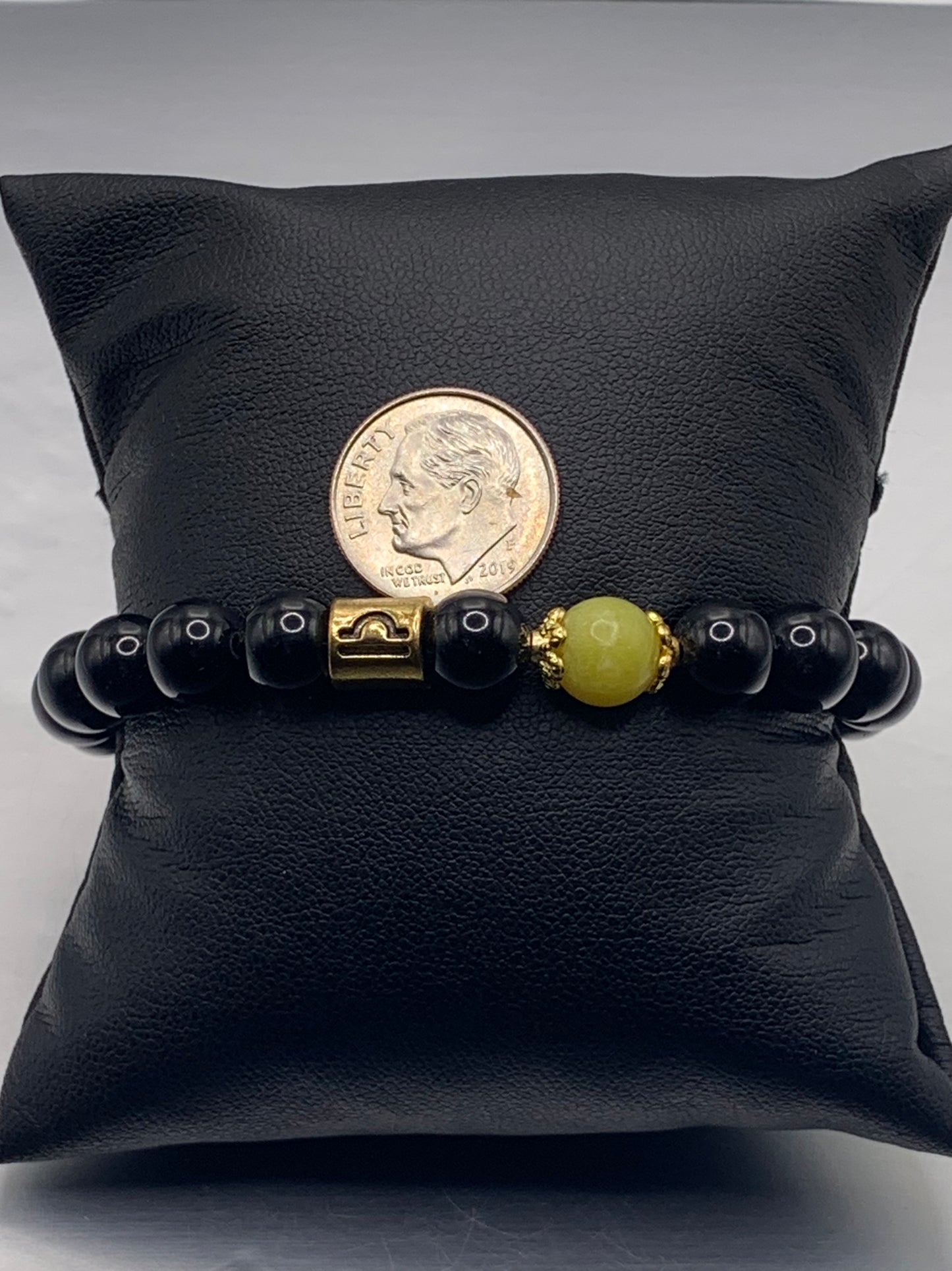 Libra Zodiac black obsidian with yellow jade elastic beaded bracelet with gold accents