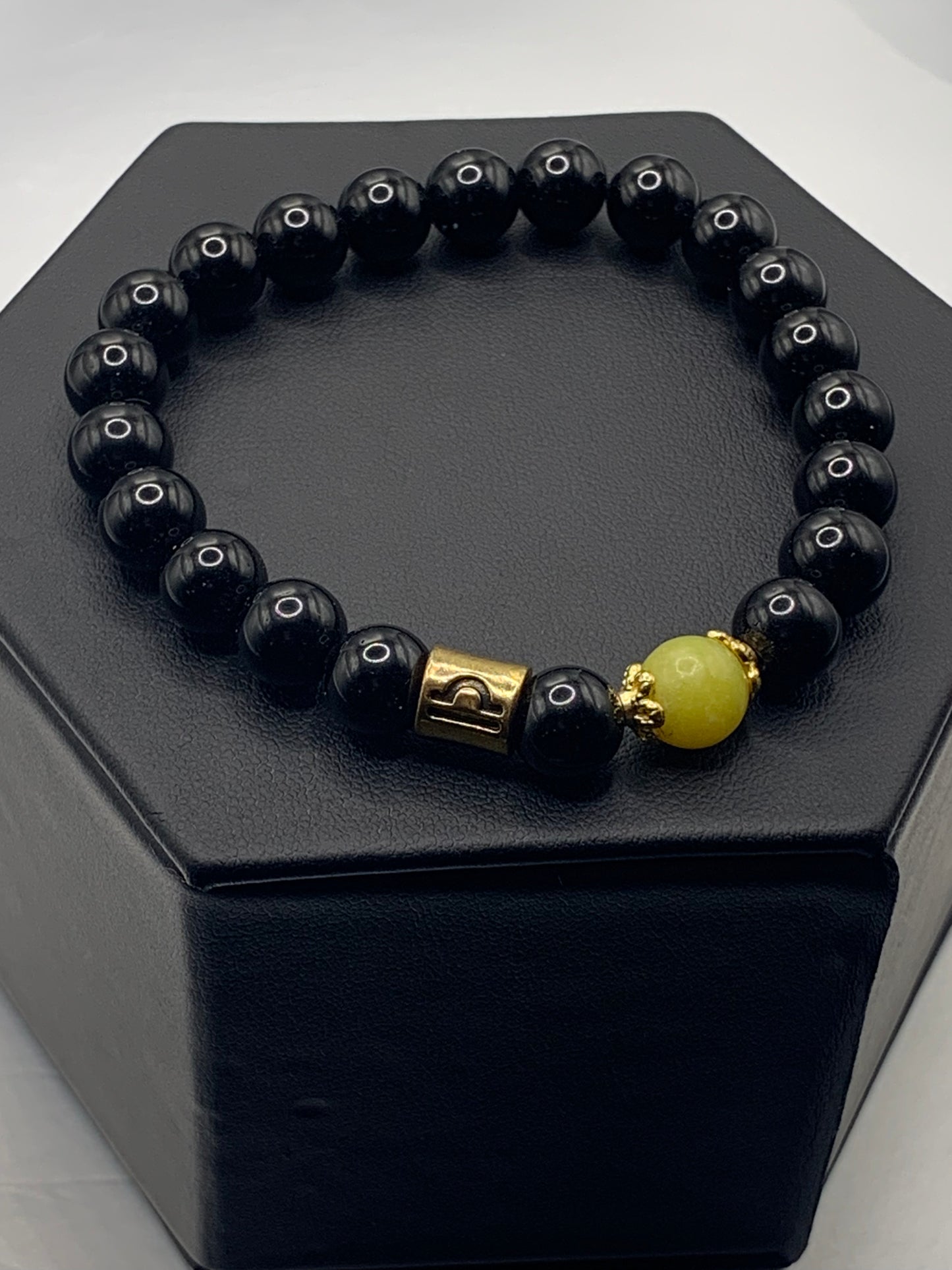 Libra Zodiac black obsidian with yellow jade elastic beaded bracelet with gold accents