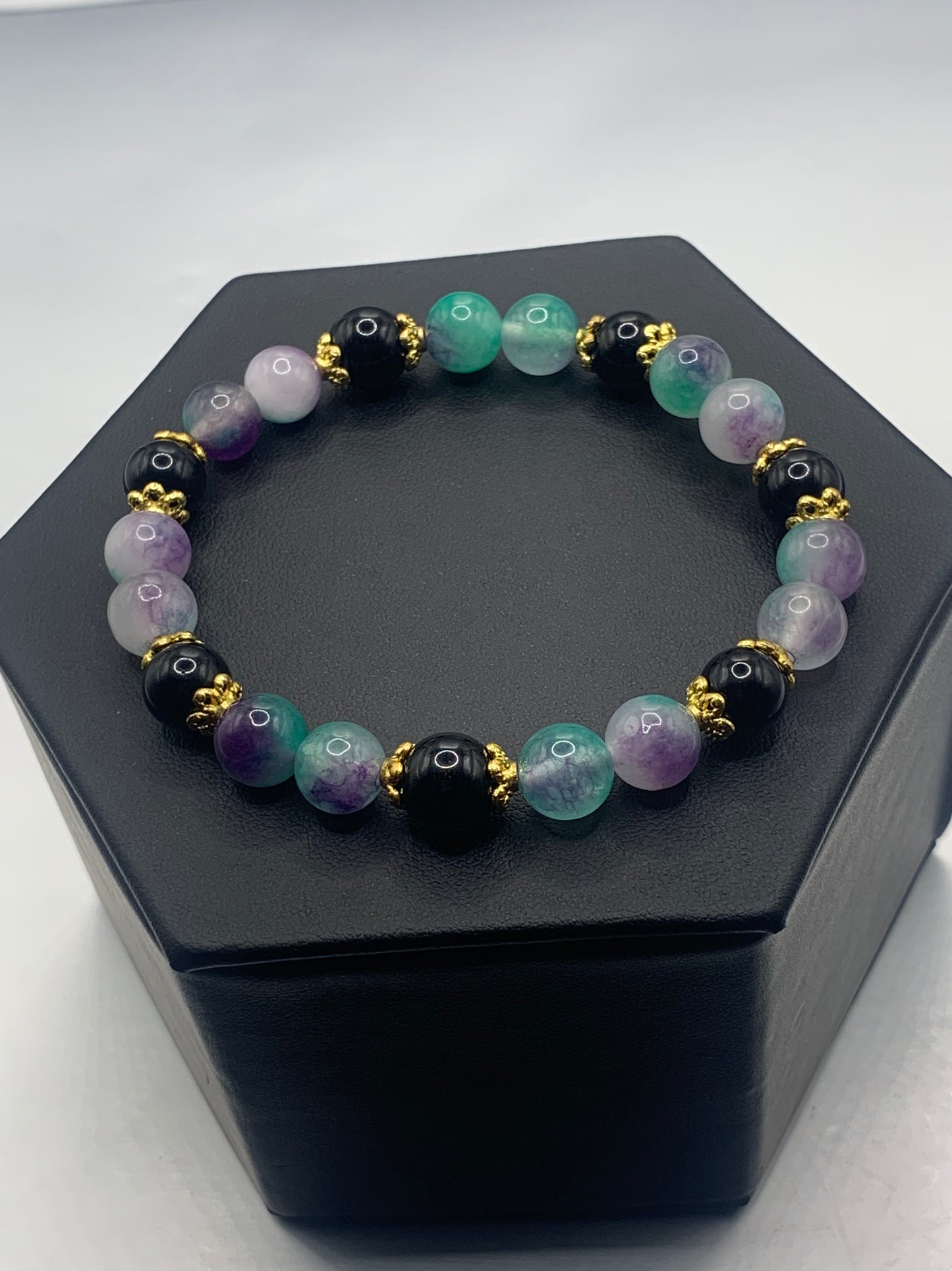 Black obsidian with mermaid chalcedony semi precious stone/crystal beaded elastic bracelet with gold plated flower bead caps