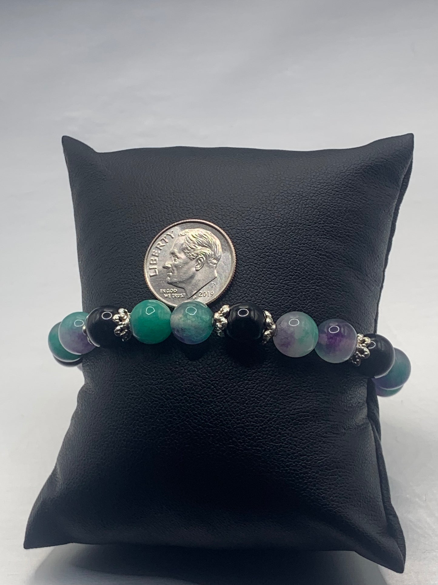 Black obsidian with mermaid chalcedony semi precious stone/crystal beaded elastic bracelet with silver plated flower bead caps