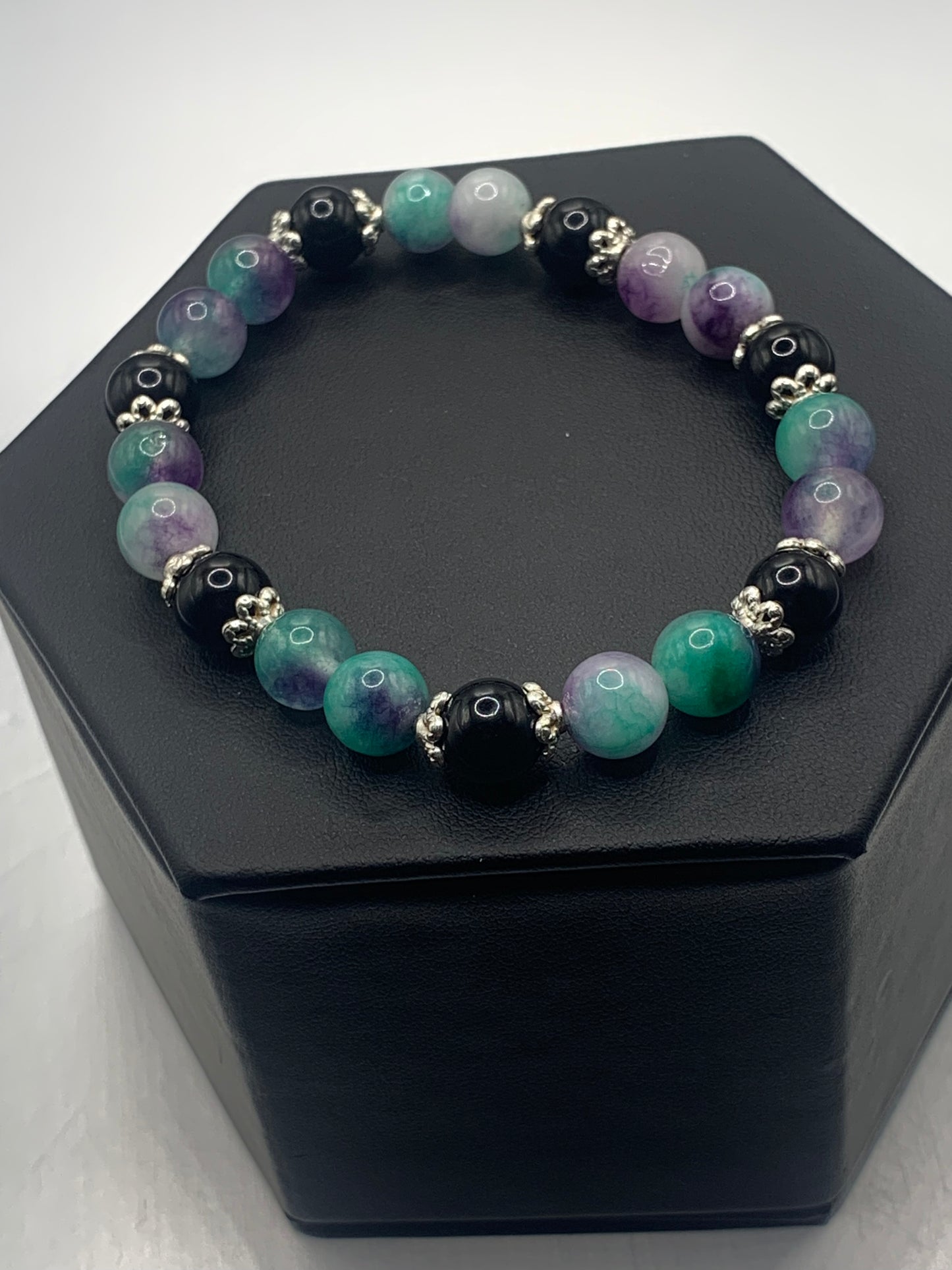 Black obsidian with mermaid chalcedony semi precious stone/crystal beaded elastic bracelet with silver plated flower bead caps