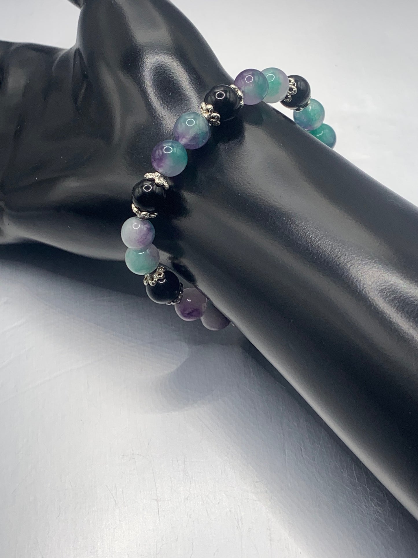 Black obsidian with mermaid chalcedony semi precious stone/crystal beaded elastic bracelet with silver plated flower bead caps