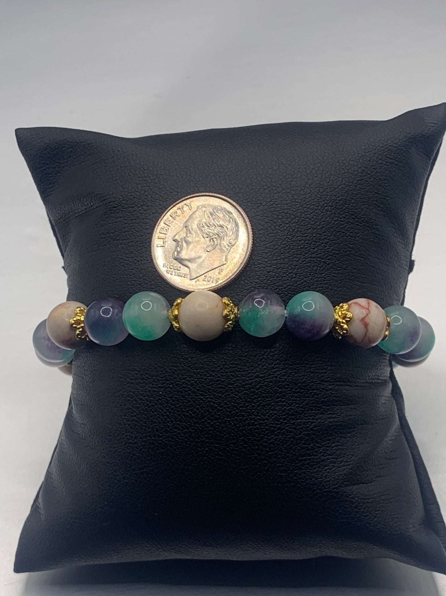 Red vein jasper and mermaid chalcedony semi precious stone/crystal elastic beaded bracelet with gold plated flower bead caps