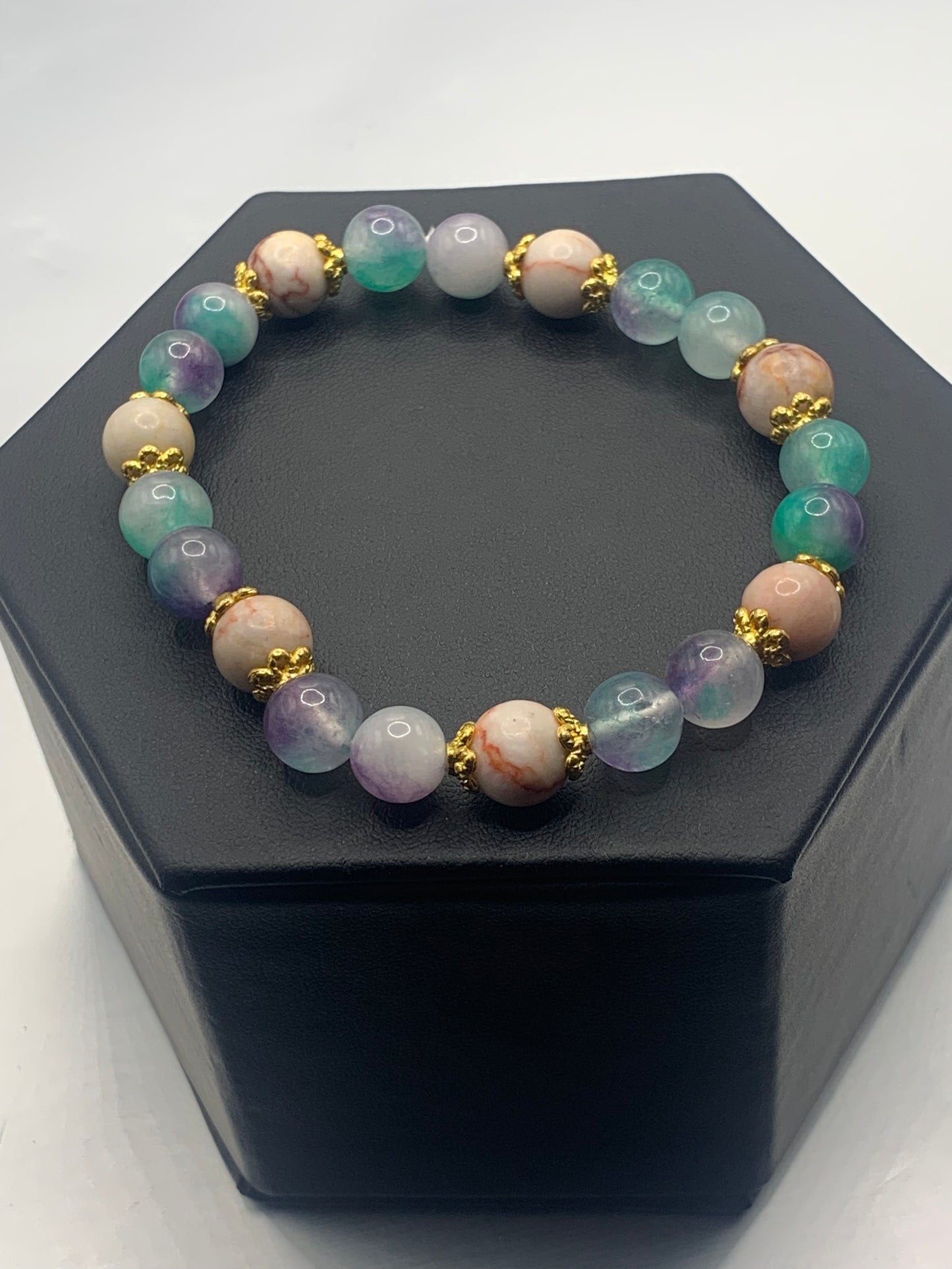 Red vein jasper and mermaid chalcedony semi precious stone/crystal elastic beaded bracelet with gold plated flower bead caps