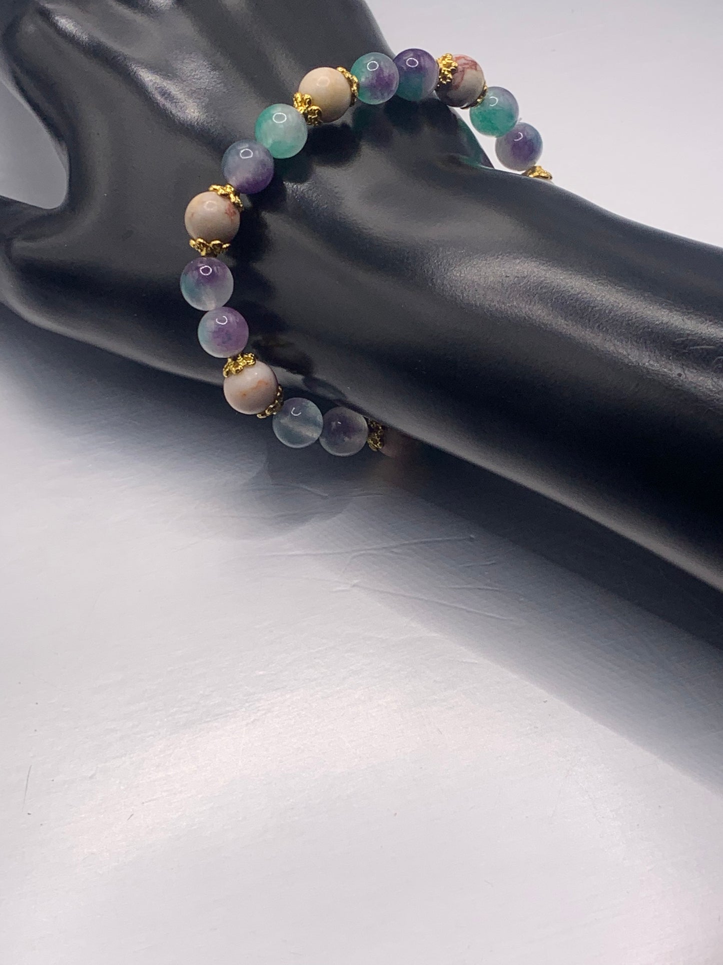 Red vein jasper and mermaid chalcedony semi precious stone/crystal elastic beaded bracelet with gold plated flower bead caps