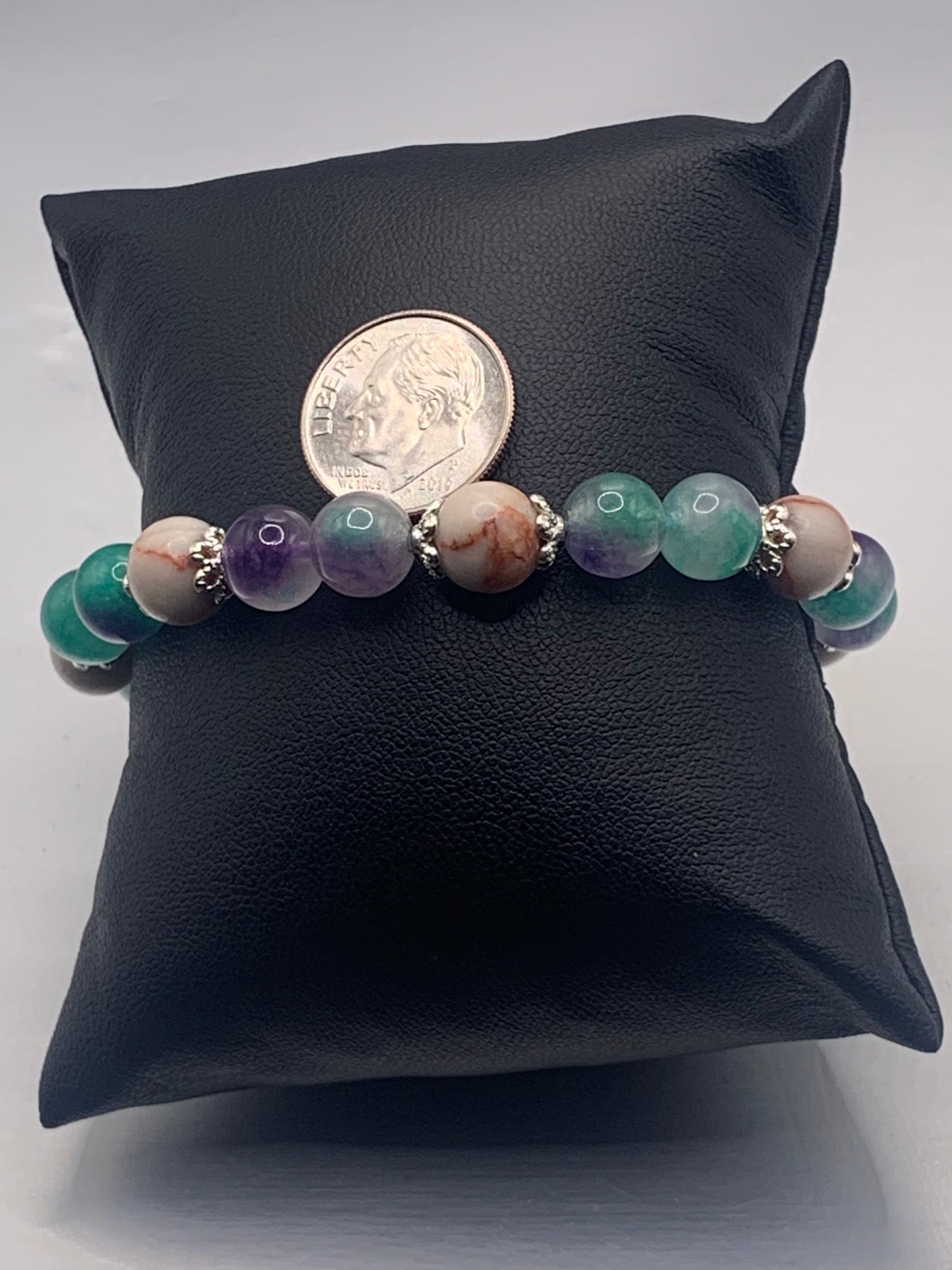 Red vein jasper and mermaid chalcedony semi precious stone/crystal elastic beaded bracelet with silver plated flower bead caps