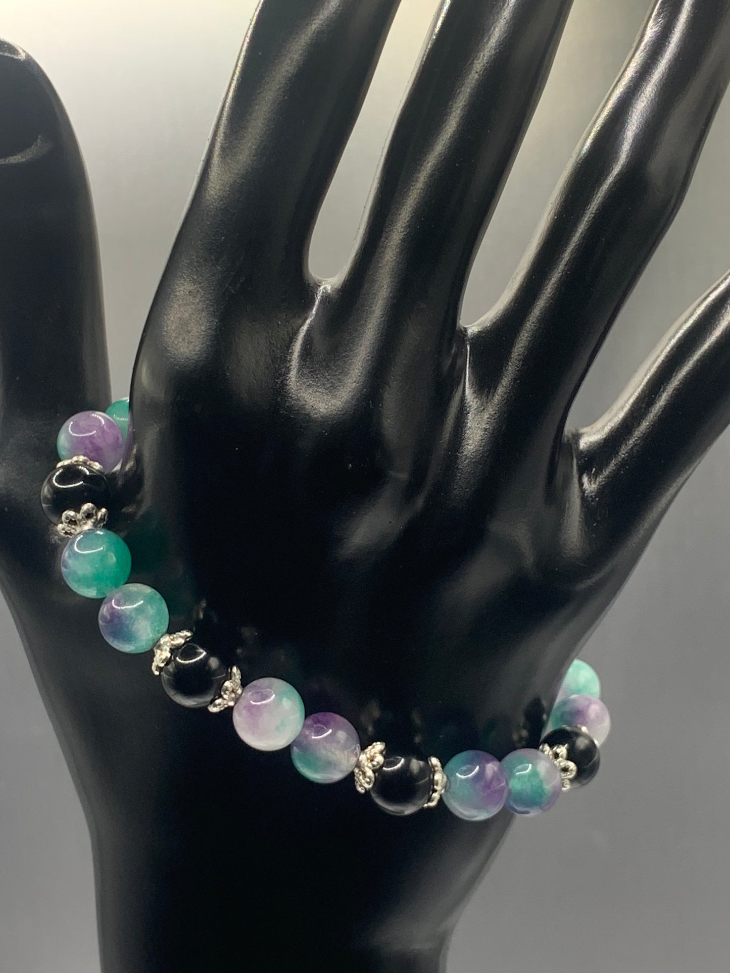 Black obsidian with mermaid chalcedony semi precious stone/crystal beaded elastic bracelet with silver plated flower bead caps