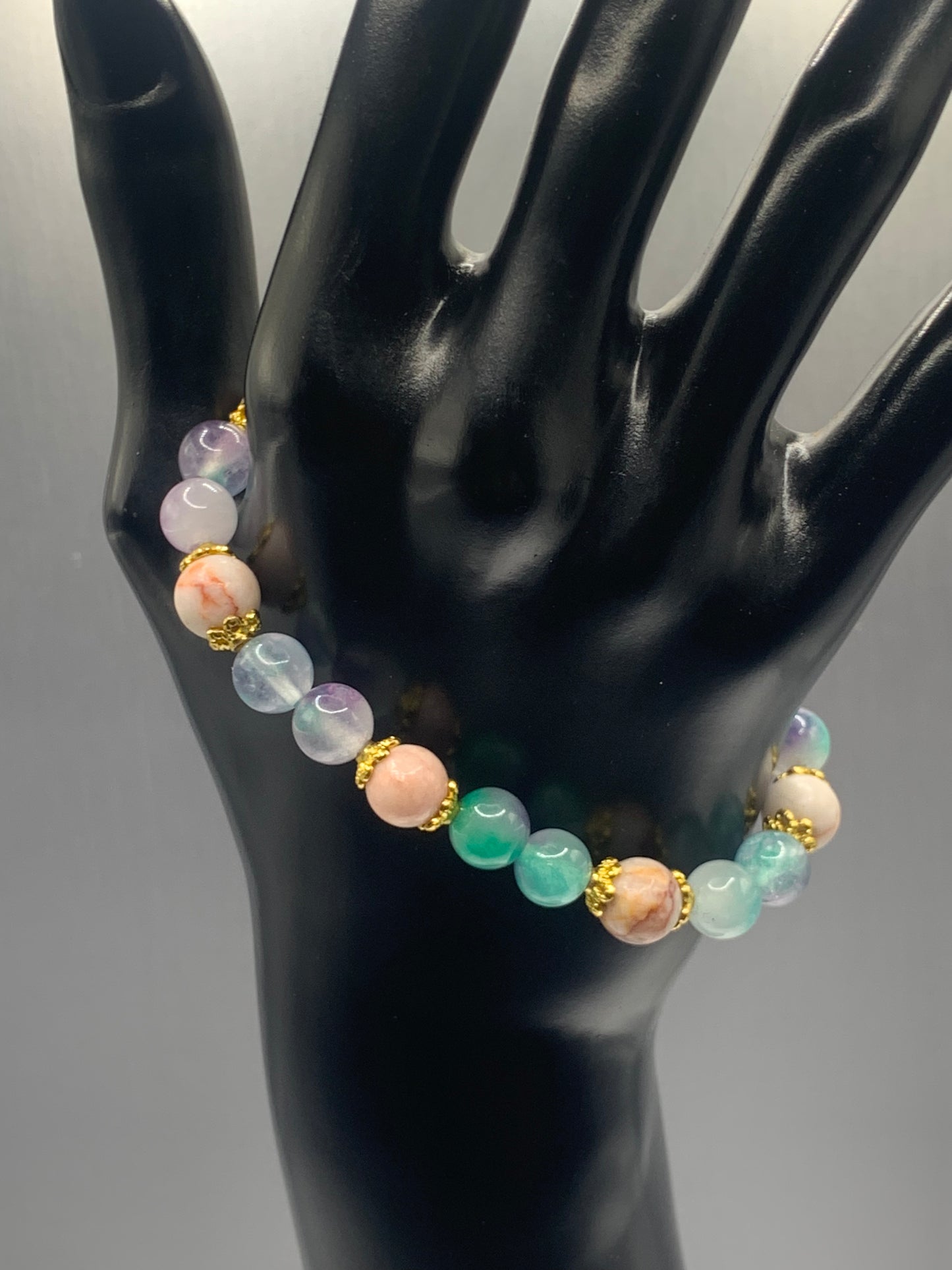 Red vein jasper and mermaid chalcedony semi precious stone/crystal elastic beaded bracelet with gold plated flower bead caps
