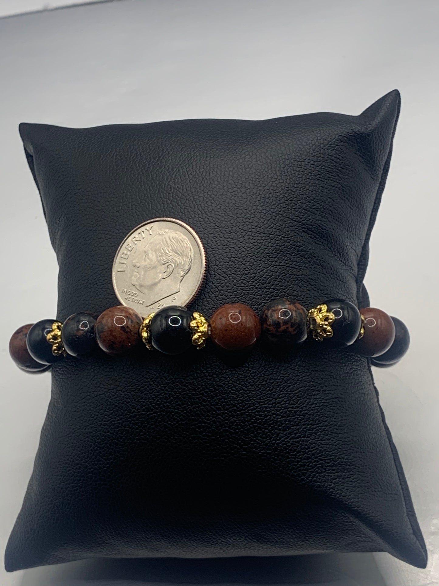 Black obsidian with mahogany jasper semi precious stone/crystal beaded elastic bracelet with gold plated flower bead caps