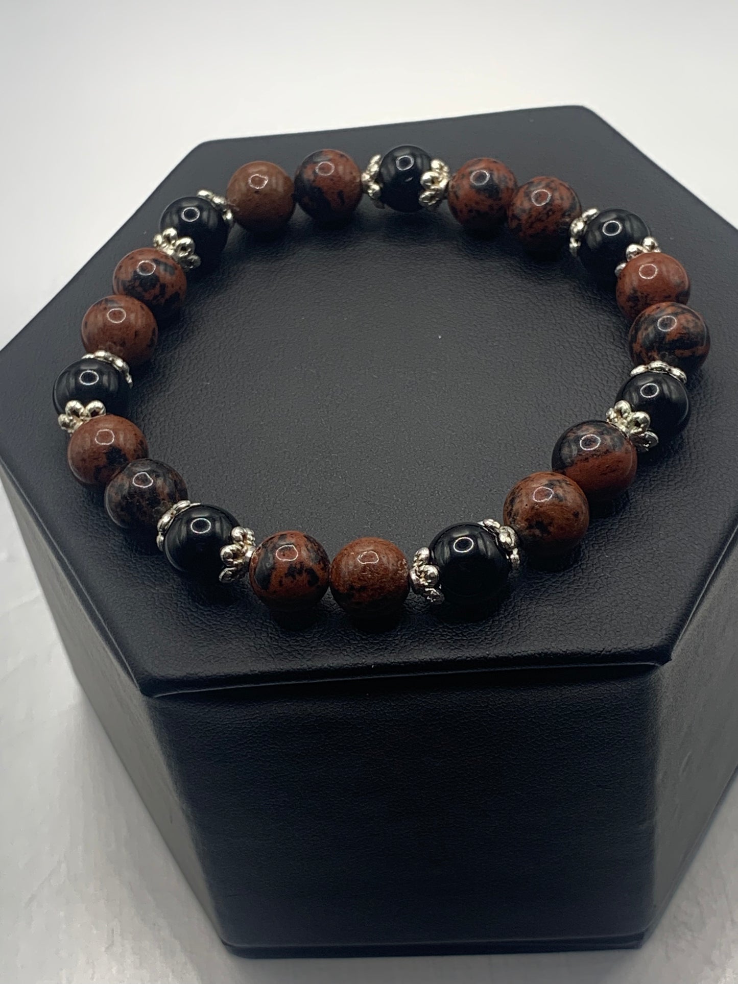 Black obsidian with mahogany jasper semi precious stone/crystal beaded elastic bracelet with silver plated flower bead caps