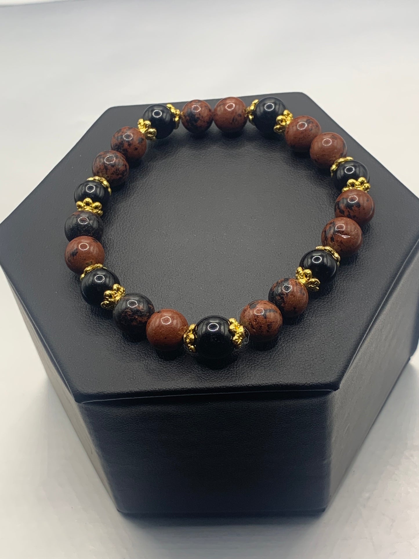 Black obsidian with mahogany jasper semi precious stone/crystal beaded elastic bracelet with gold plated flower bead caps