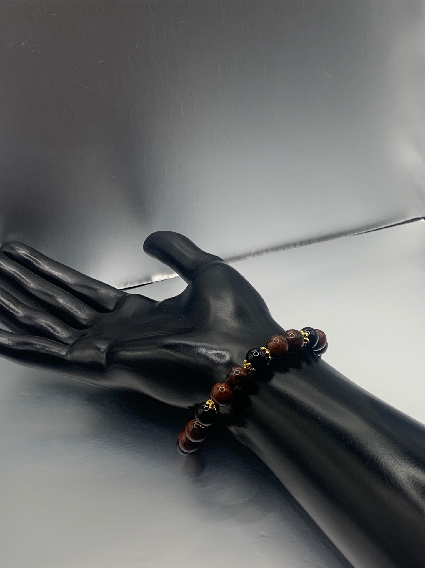 Black obsidian with mahogany jasper semi precious stone/crystal beaded elastic bracelet with gold plated flower bead caps