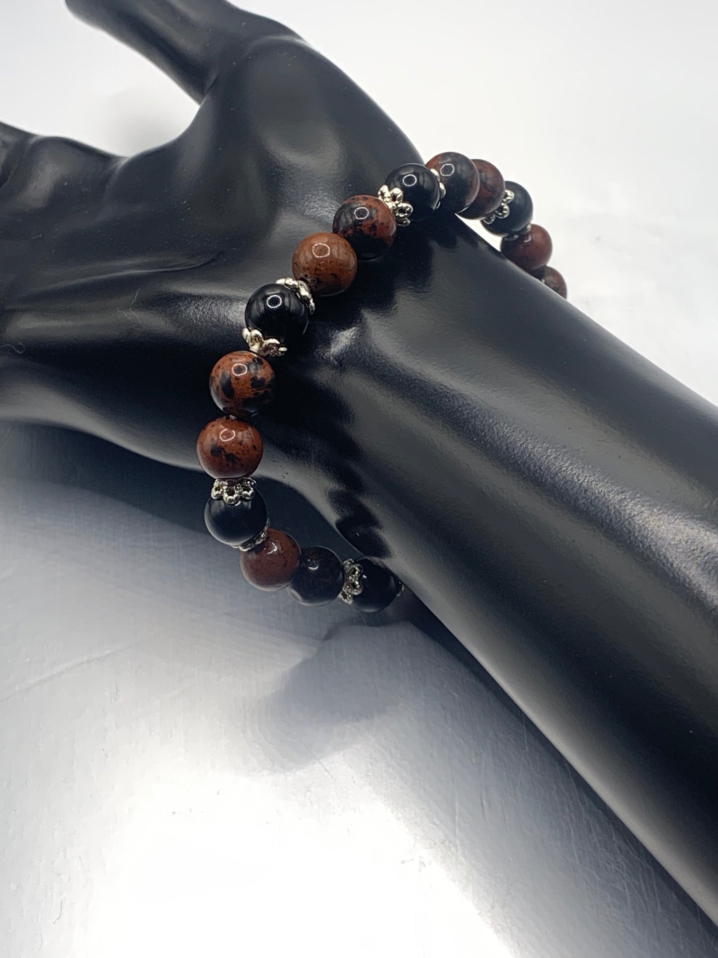 Black obsidian with mahogany jasper semi precious stone/crystal beaded elastic bracelet with silver plated flower bead caps