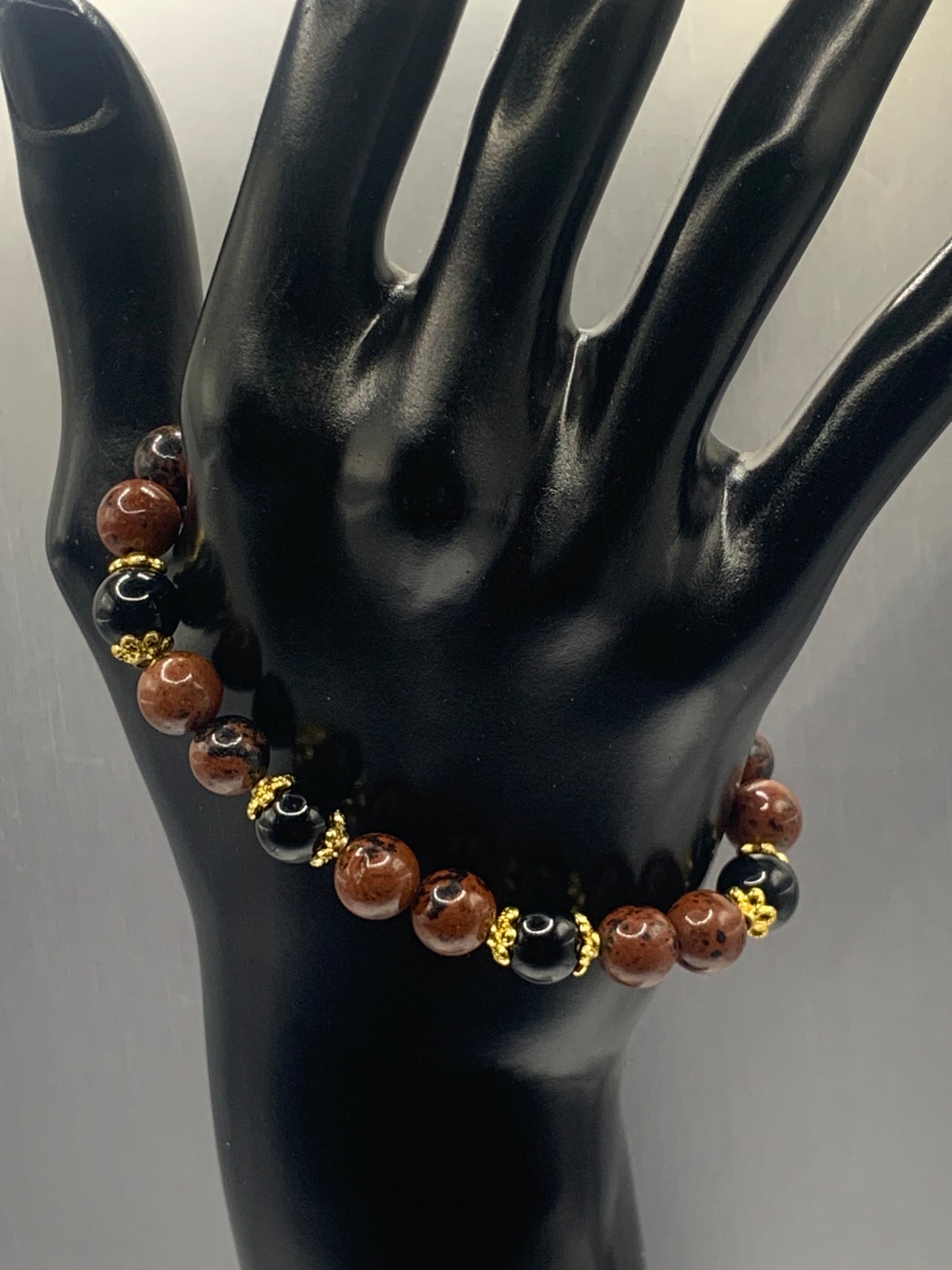 Black obsidian with mahogany jasper semi precious stone/crystal beaded elastic bracelet with gold plated flower bead caps