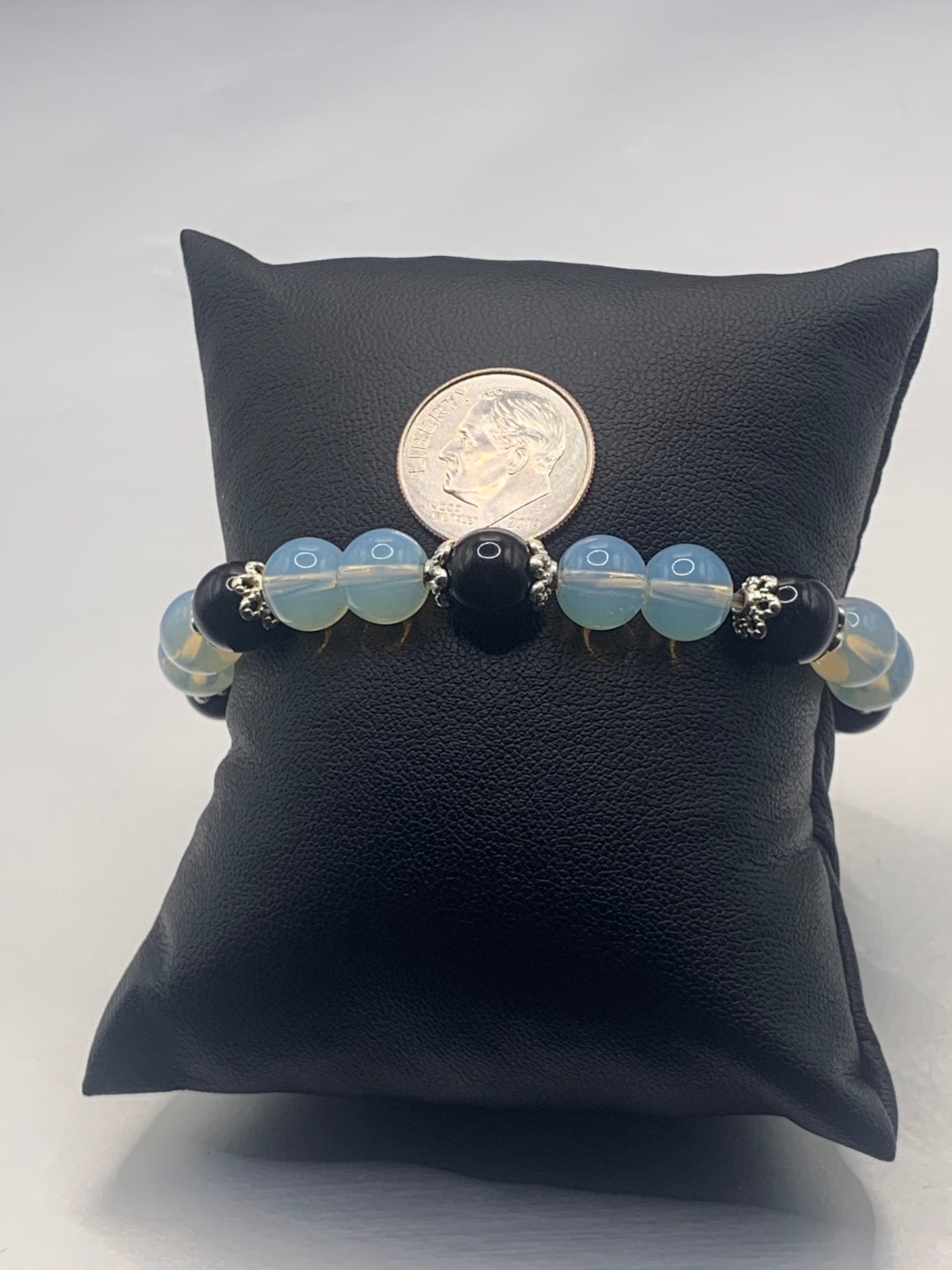 Black obsidian with opalite semi precious stone/crystal beaded elastic bracelet with silver plated flower bead caps