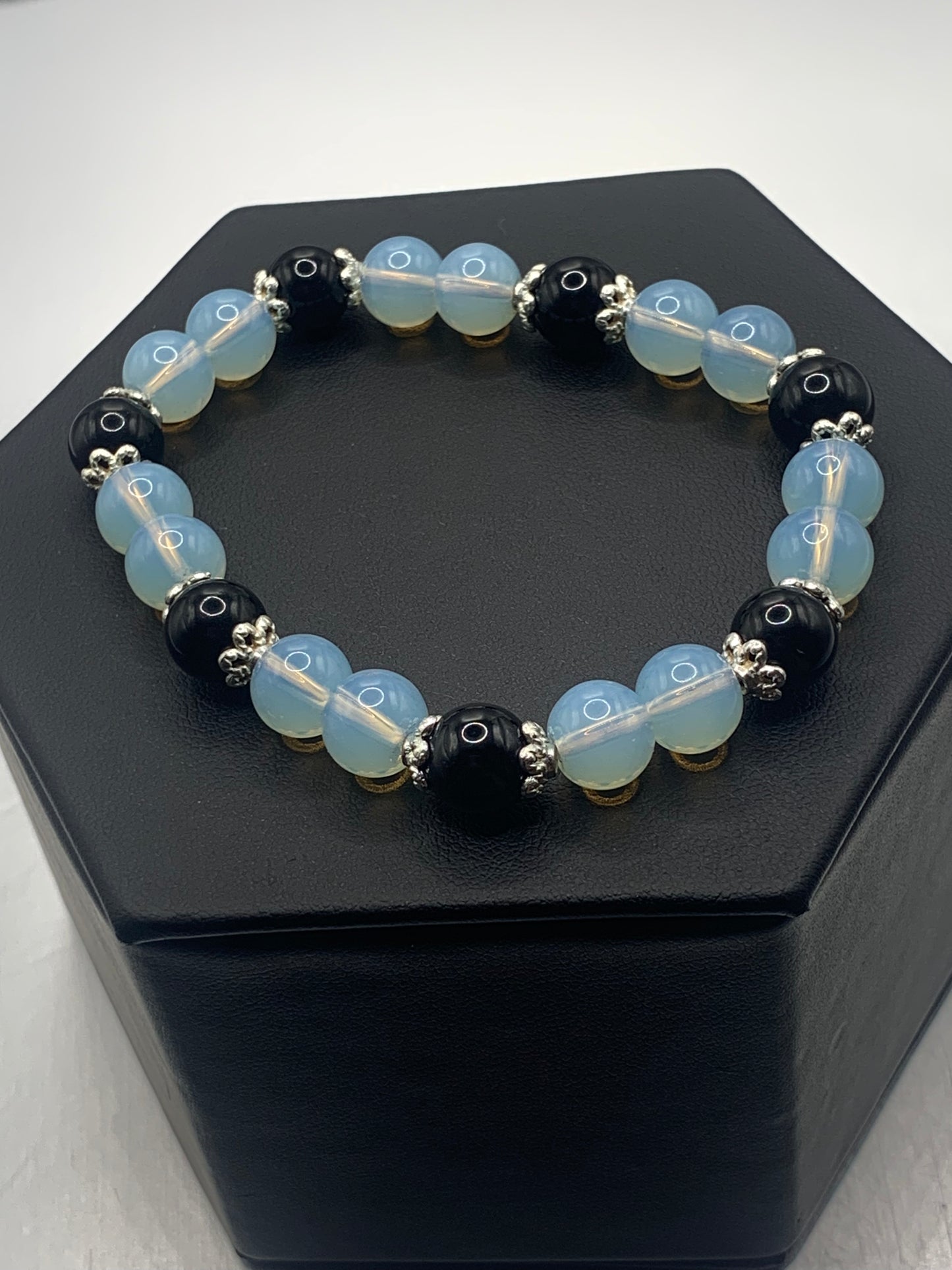 Black obsidian with opalite semi precious stone/crystal beaded elastic bracelet with silver plated flower bead caps