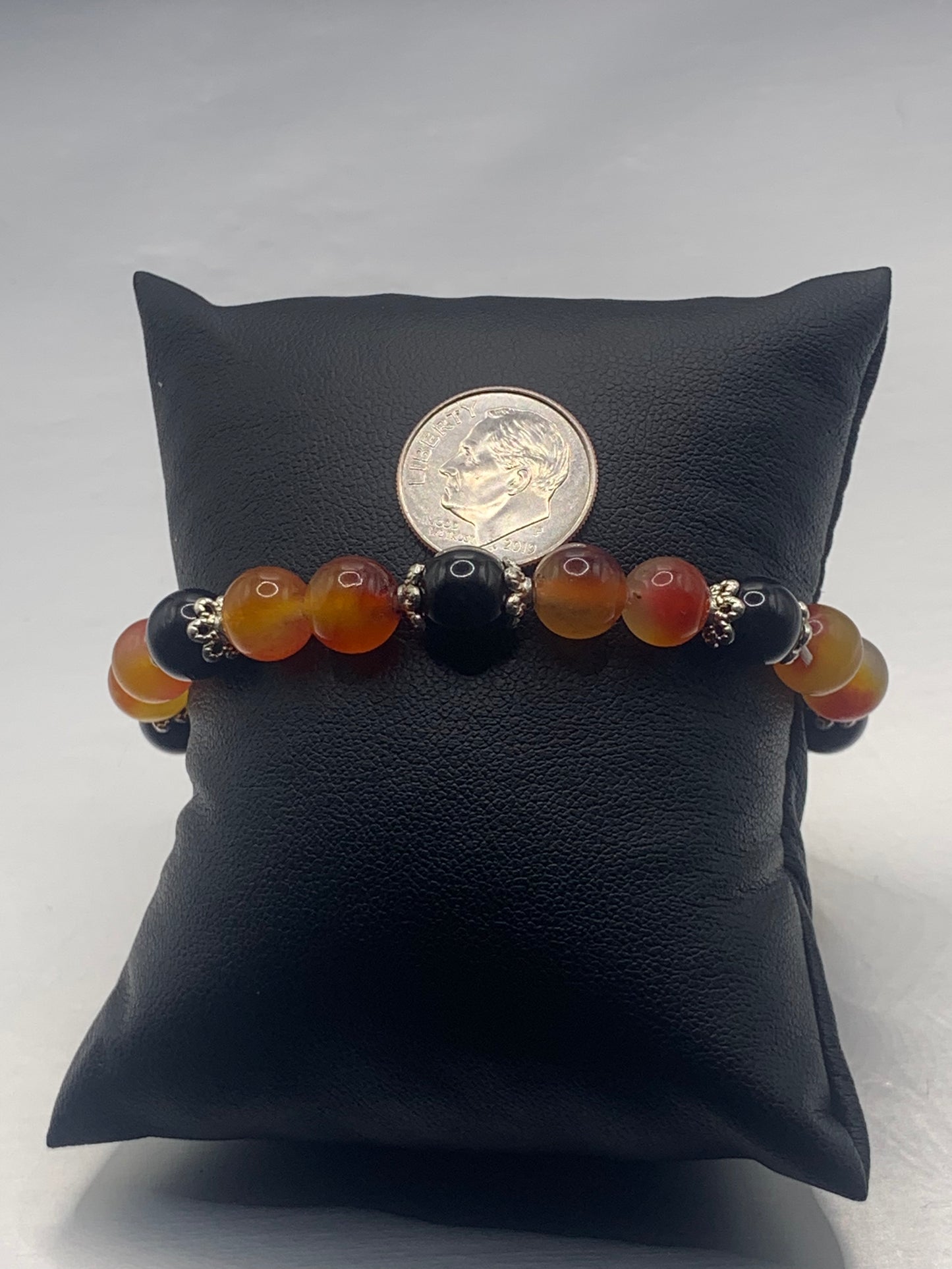 Black obsidian with orange blossom chalcedony semi precious stone/crystal beaded elastic bracelet with silver plated flower bead caps