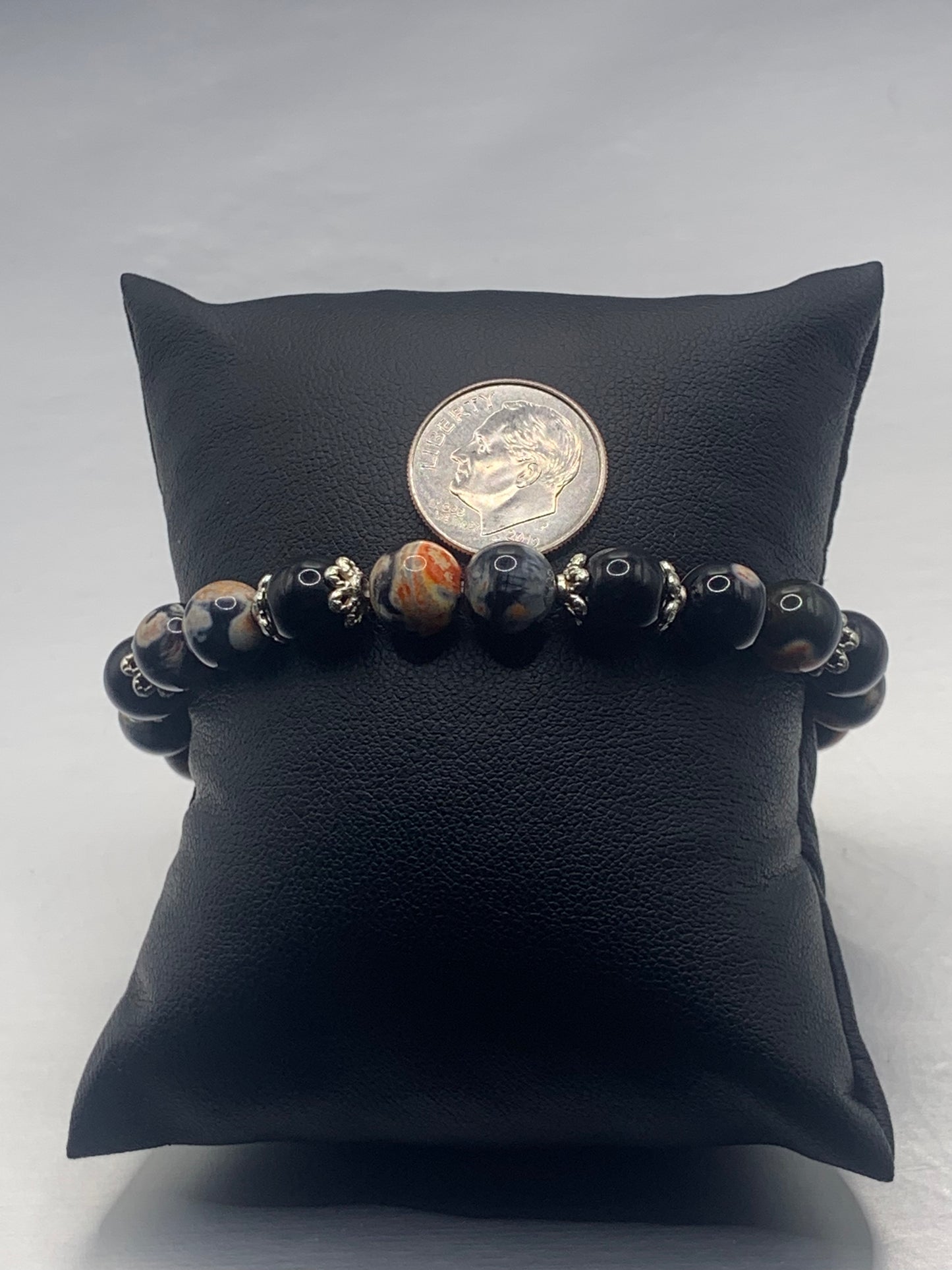 Black obsidian with orange orca agate semi precious stone/crystal beaded elastic bracelet with silver plated flower bead caps