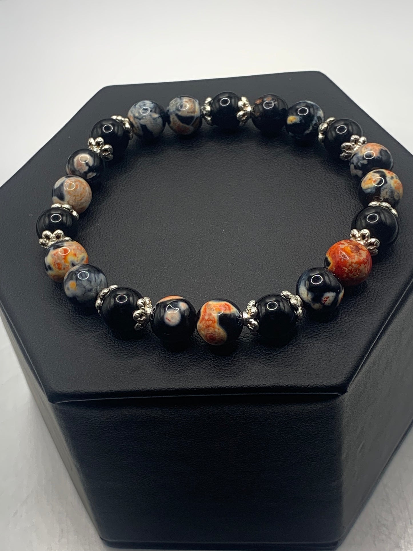 Black obsidian with orange orca agate semi precious stone/crystal beaded elastic bracelet with silver plated flower bead caps