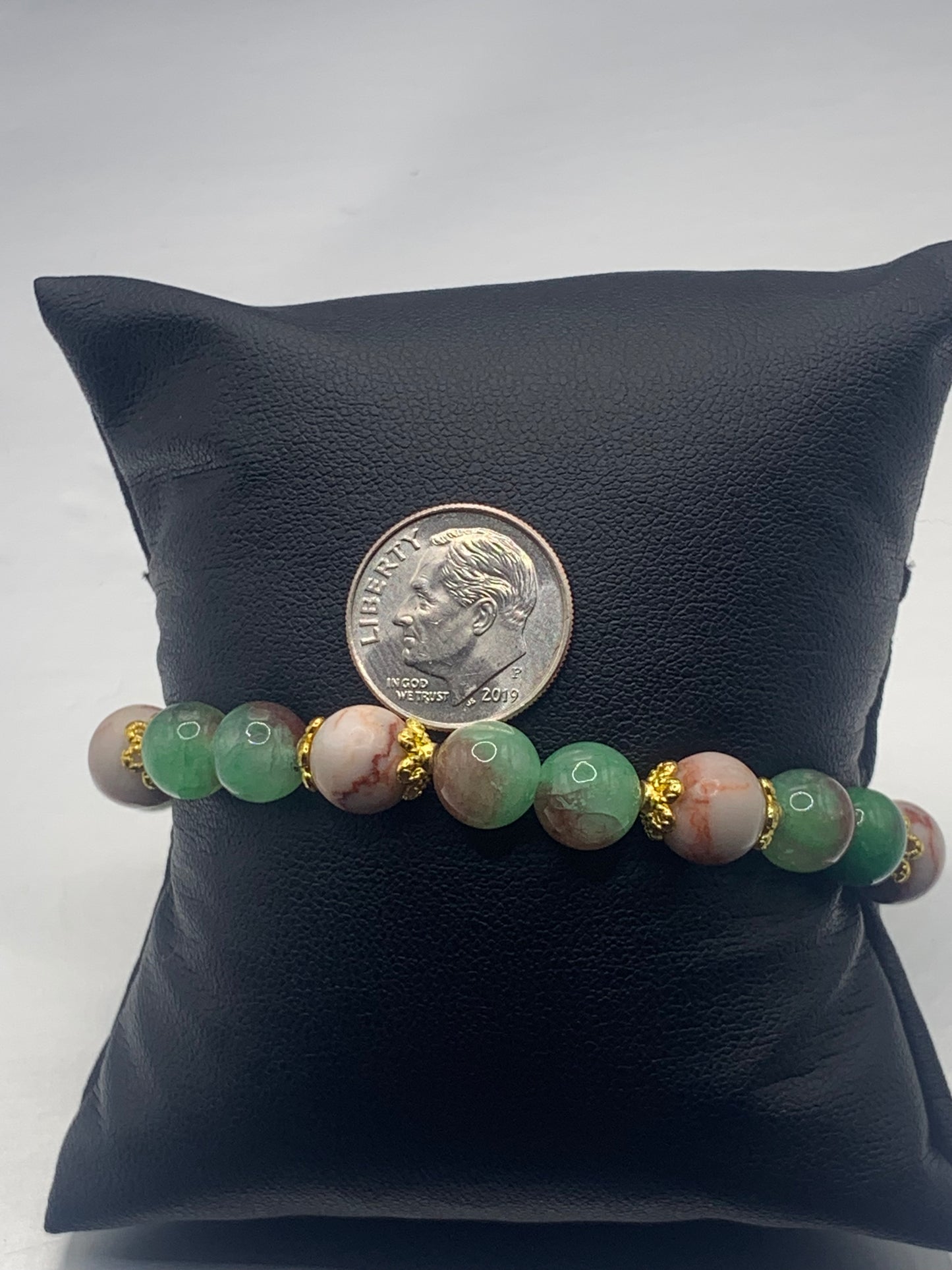 Red vein jasper and peacock chalcedony semi precious stone/crystal elastic beaded bracelet with gold plated flower bead caps