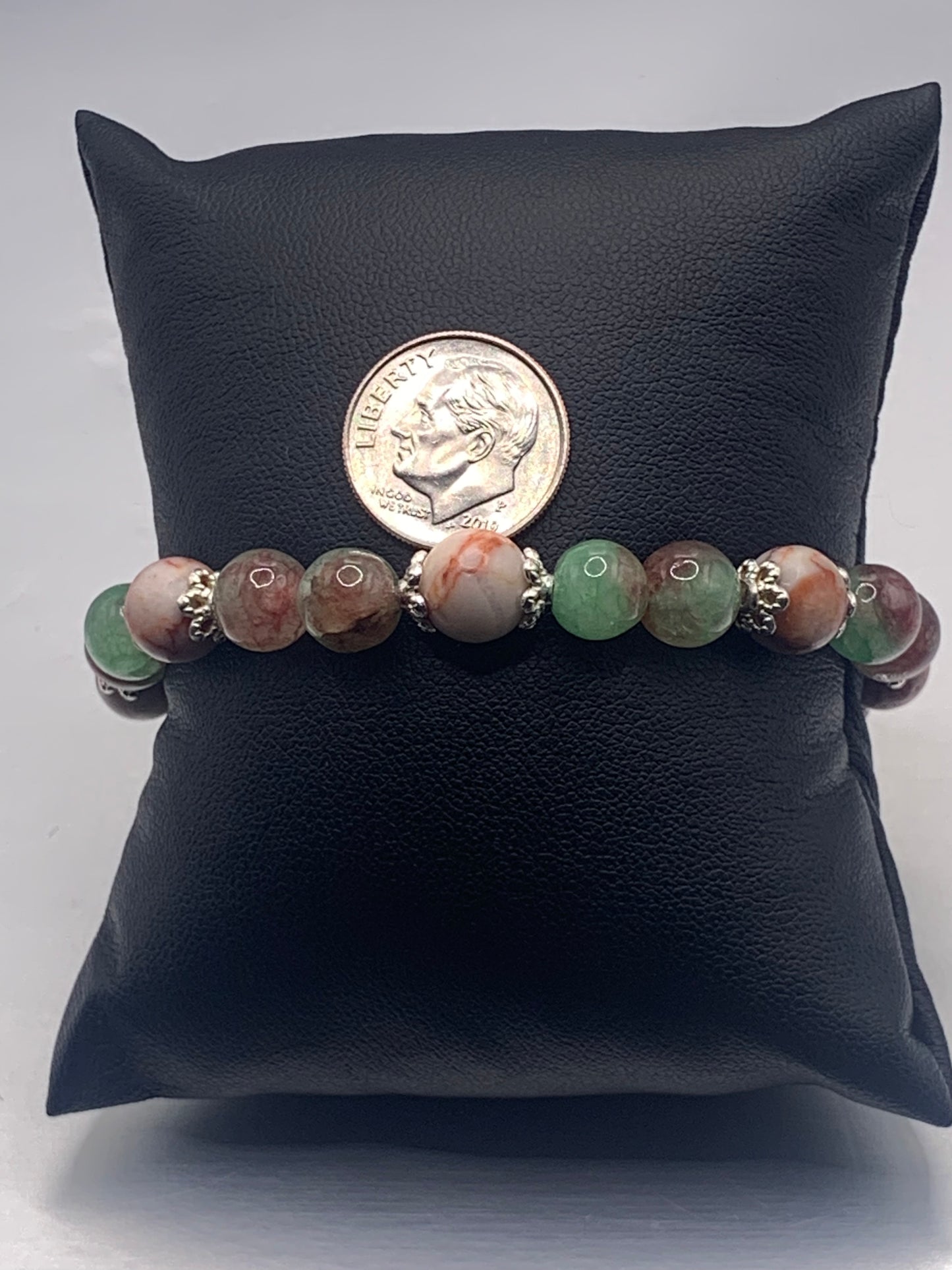 Red vein jasper and peacock chalcedony semi precious stone/crystal elastic beaded bracelet with silver plated flower bead caps